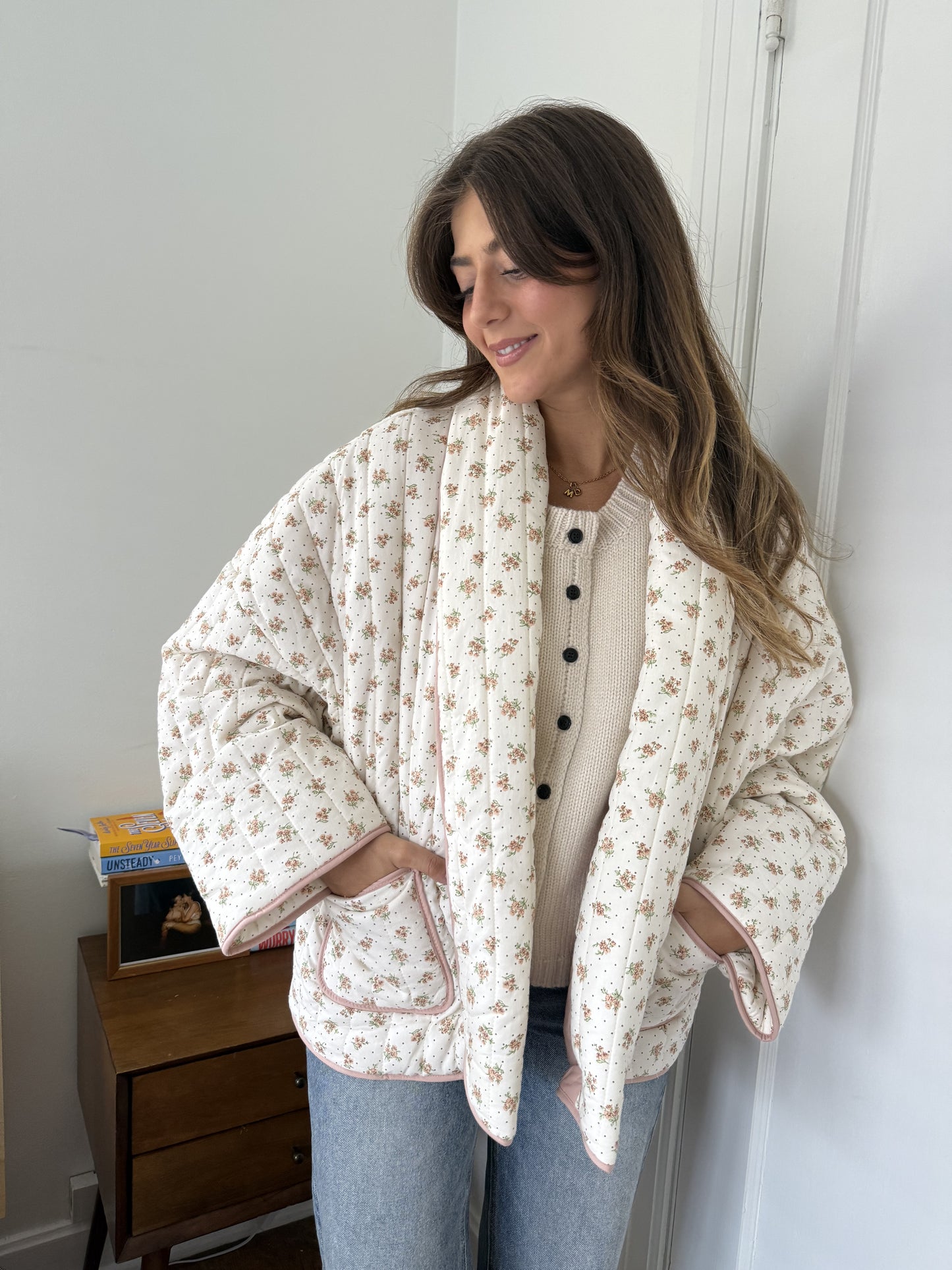Josie Blush Floral Pattern Quilted Cardigan Jacket (L)