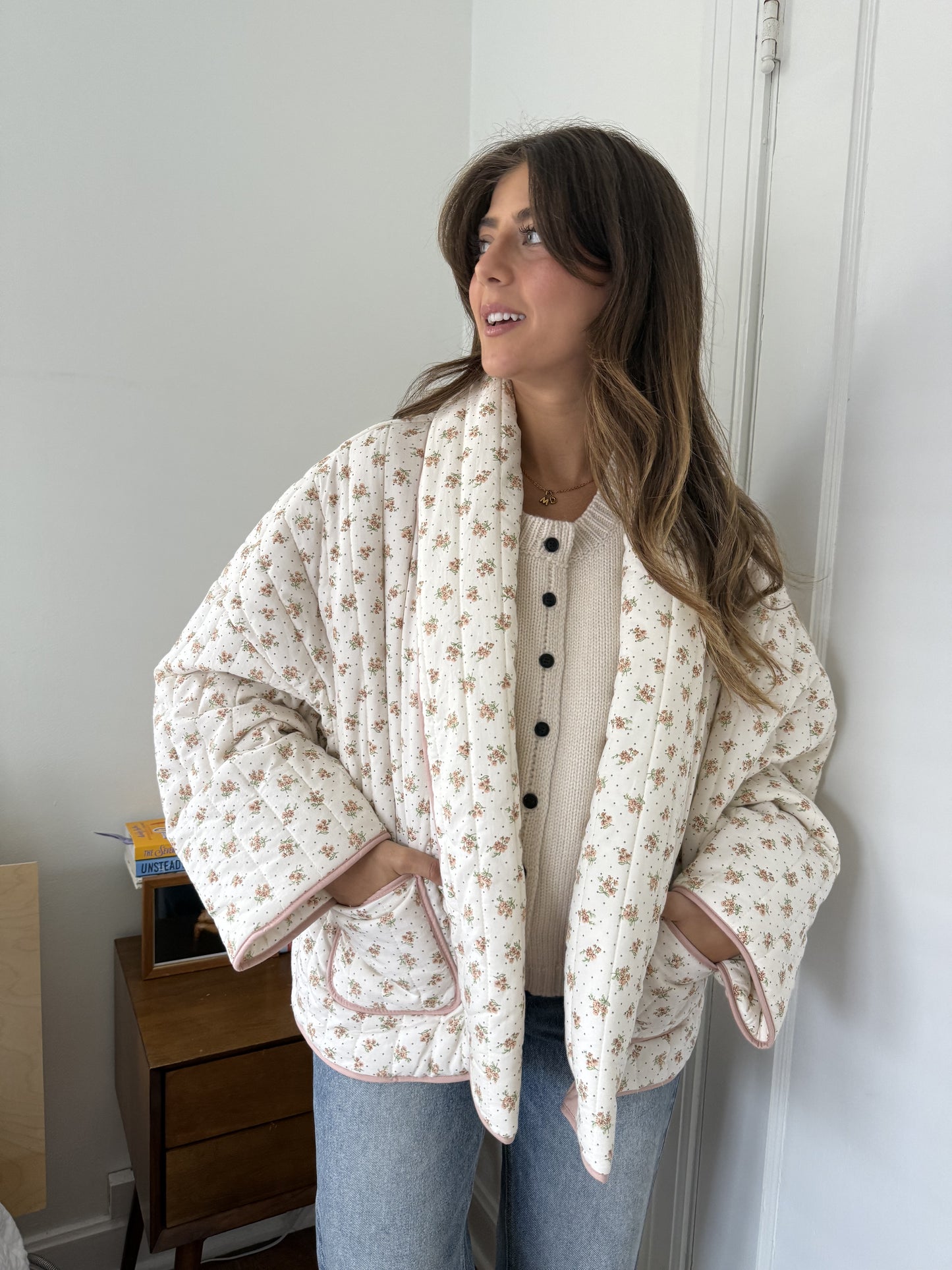 Josie Blush Floral Pattern Quilted Cardigan Jacket (L)