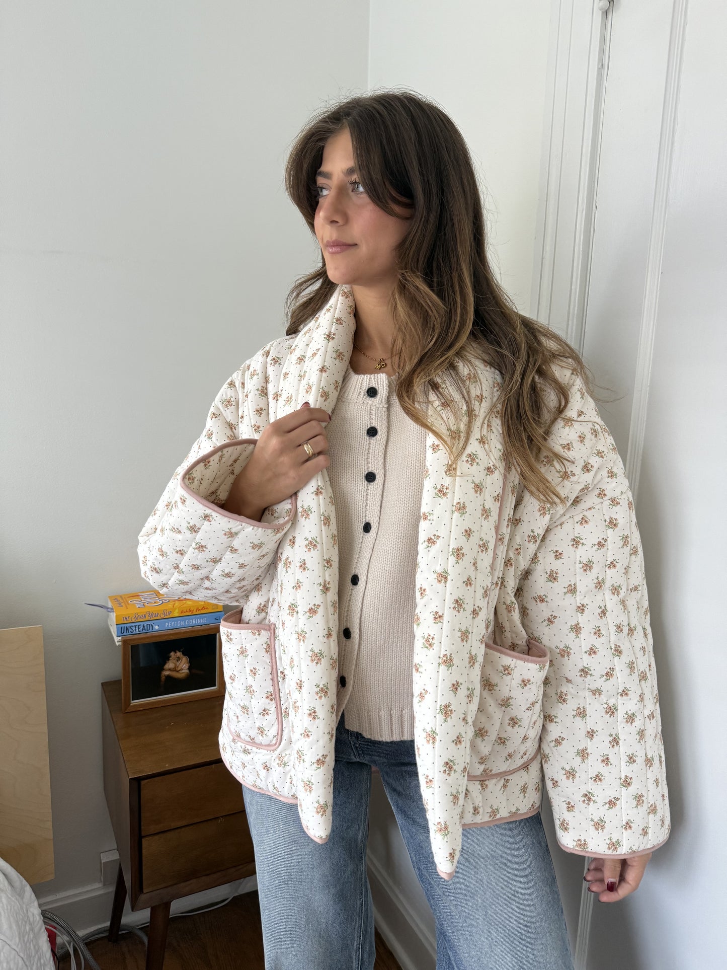 Josie Blush Floral Pattern Quilted Cardigan Jacket (L)