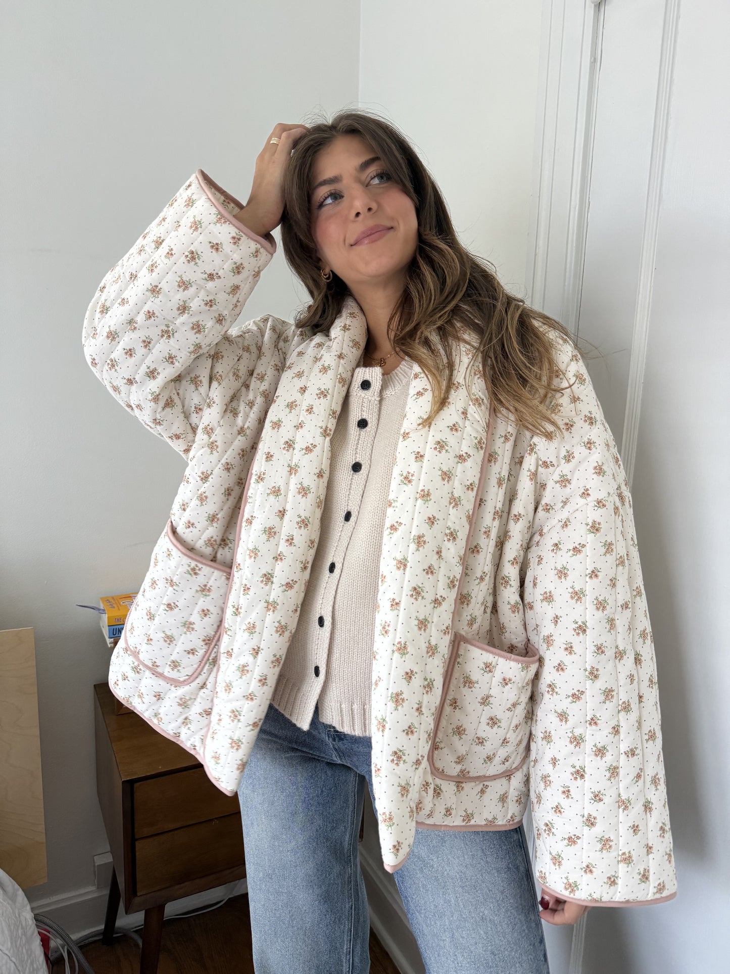 Josie Blush Floral Pattern Quilted Cardigan Jacket (L)