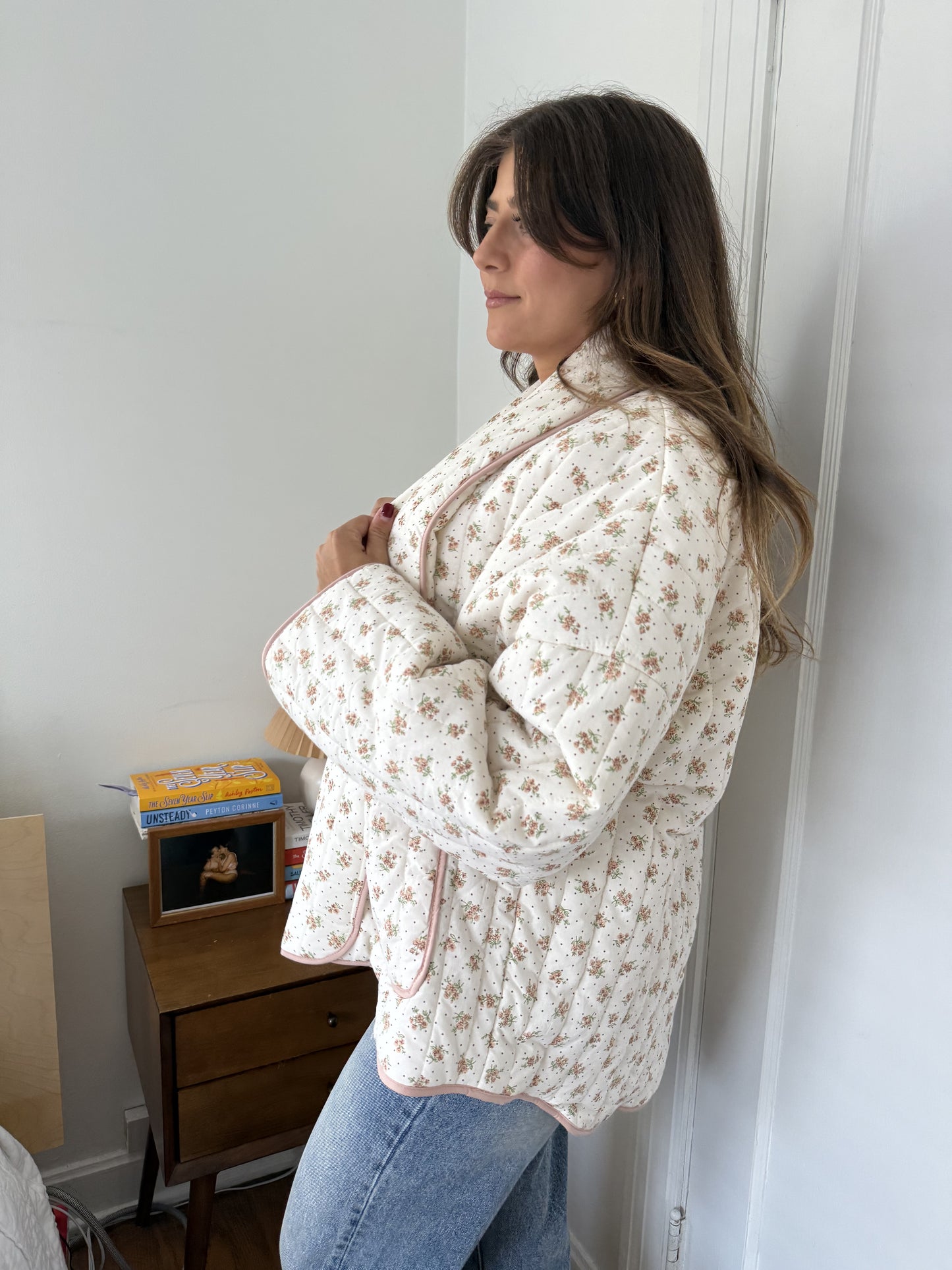 Josie Blush Floral Pattern Quilted Cardigan Jacket (L)