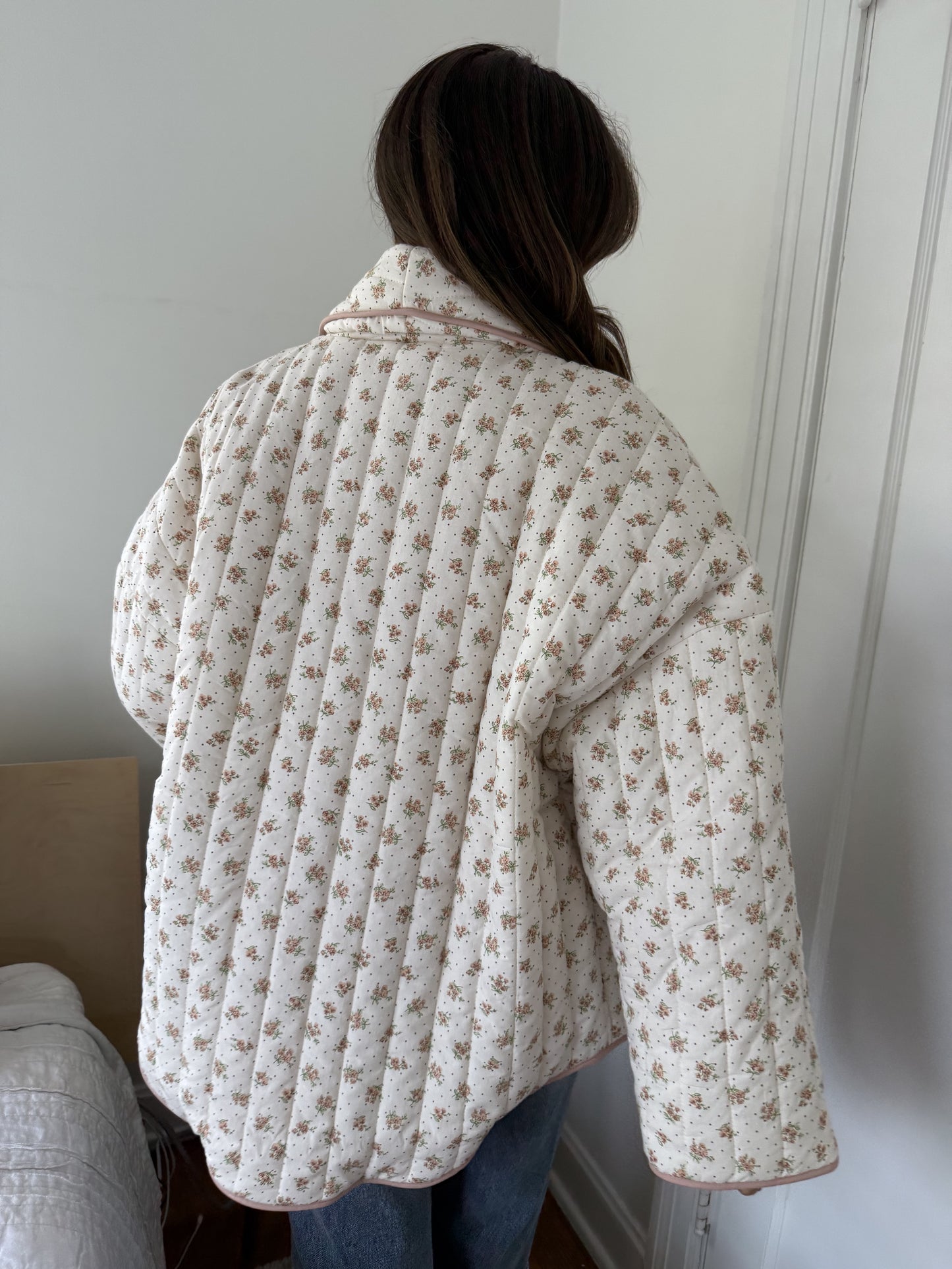Josie Blush Floral Pattern Quilted Cardigan Jacket (L)