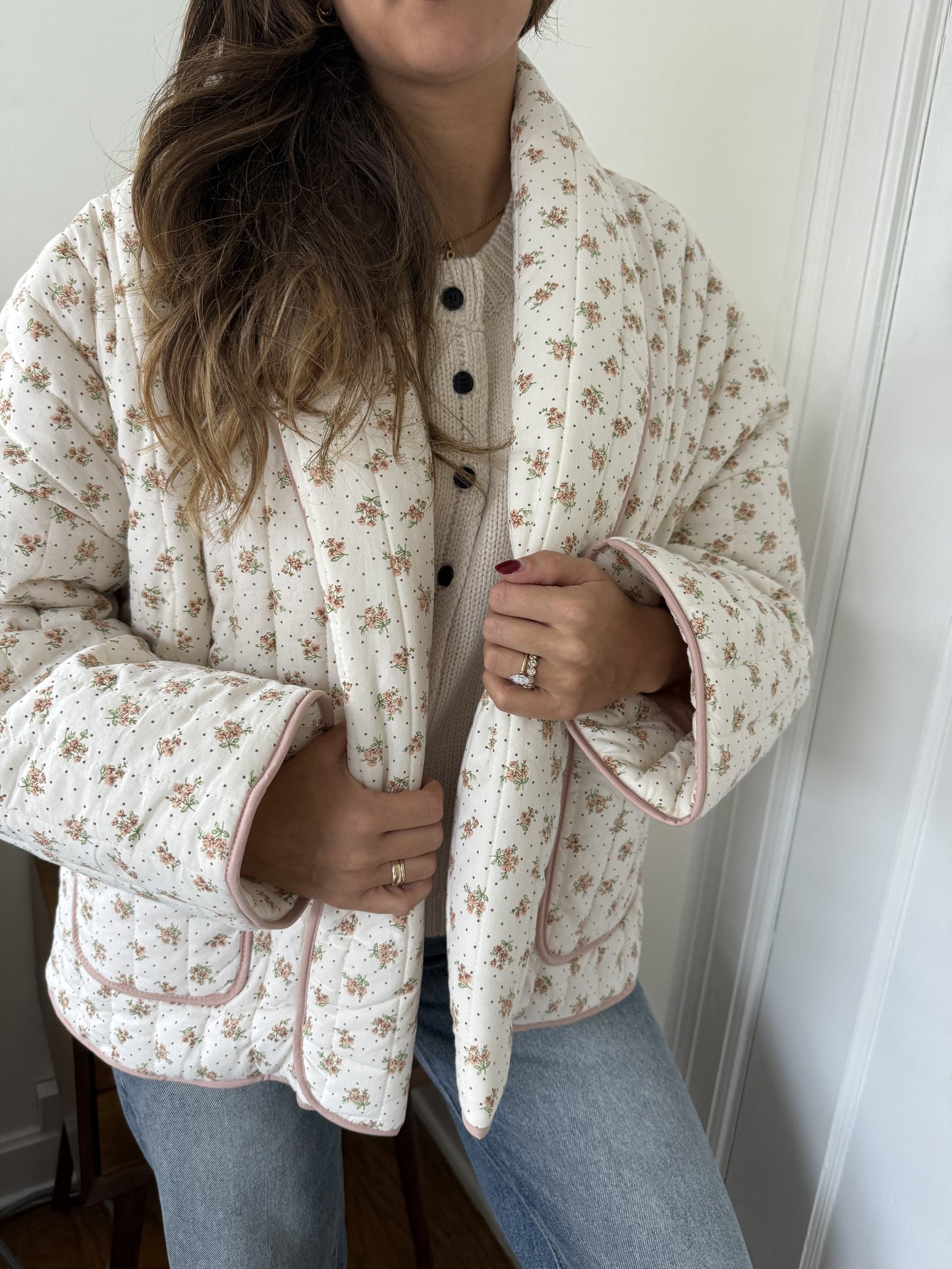 Josie Blush Floral Pattern Quilted Cardigan Jacket (L)