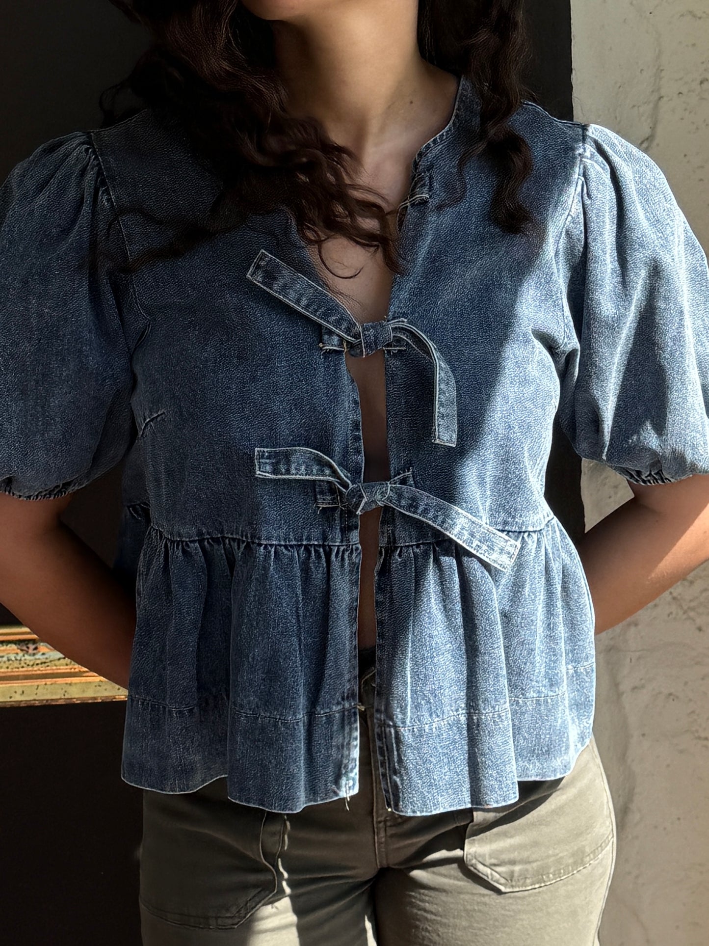 Sofie the Label Cara Medium Wash Denim Poplin Tie Top