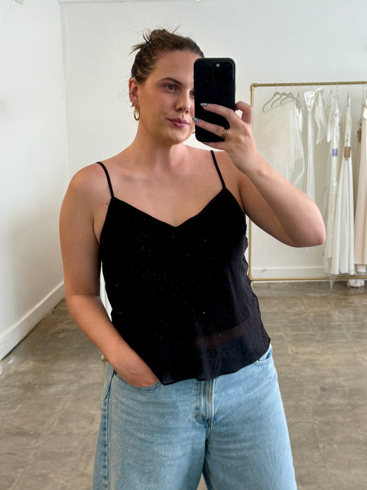 Lucy Paris Carla Rhinestone Black Sheer Sleeveless Top (M)