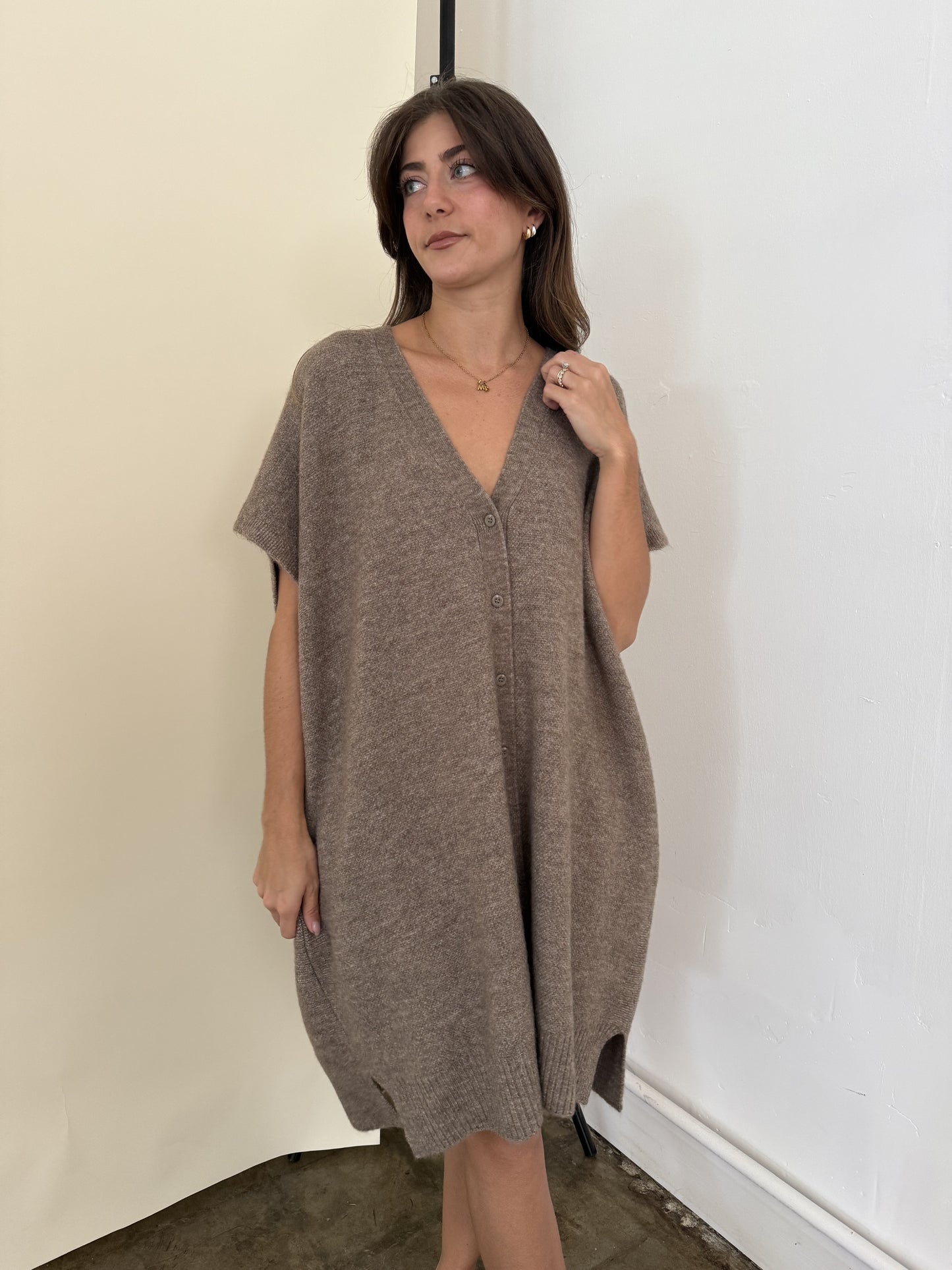 Logan Knit Buttoned Cardigan Mini Dress (Taupe)