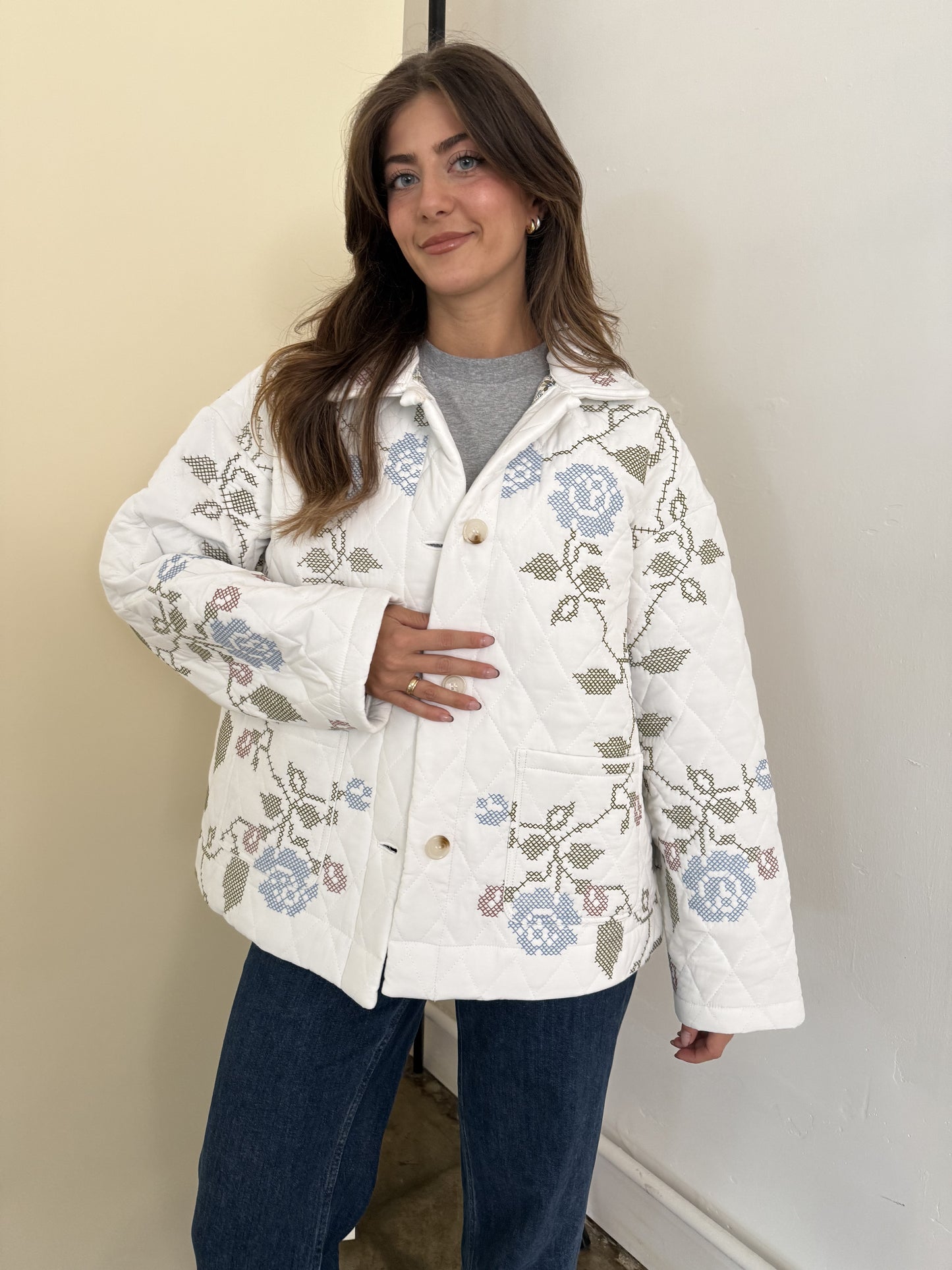 Lucy White Embroidered Quilted Jacket