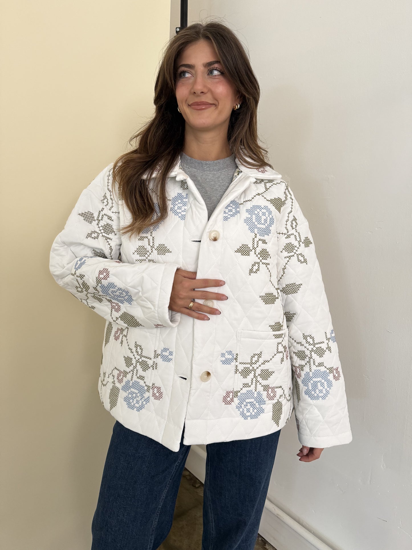 Lucy White Embroidered Quilted Jacket
