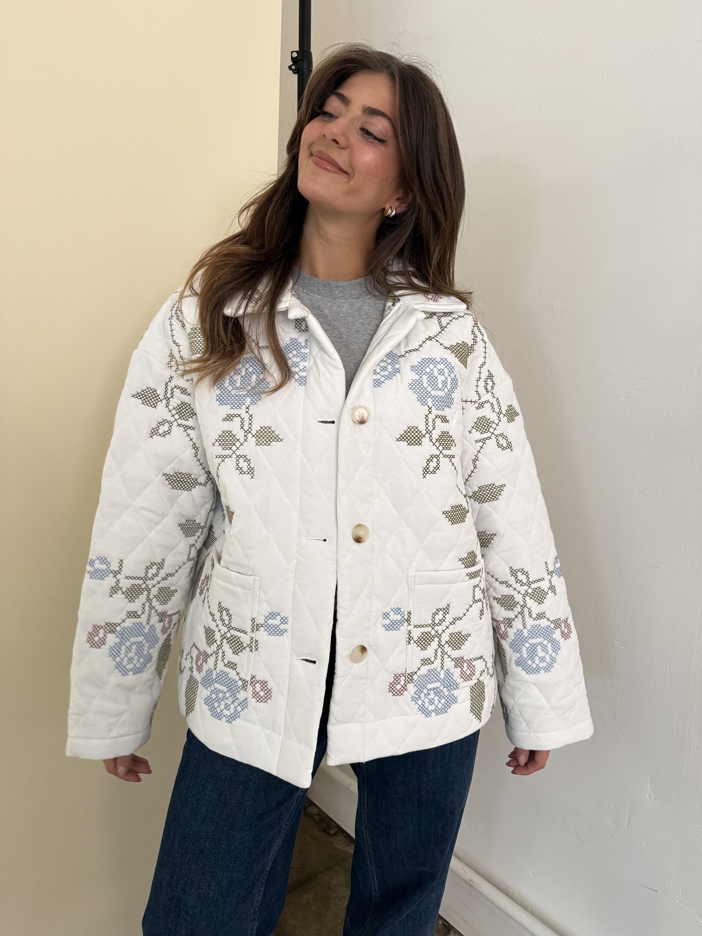 Lucy White Embroidered Quilted Jacket