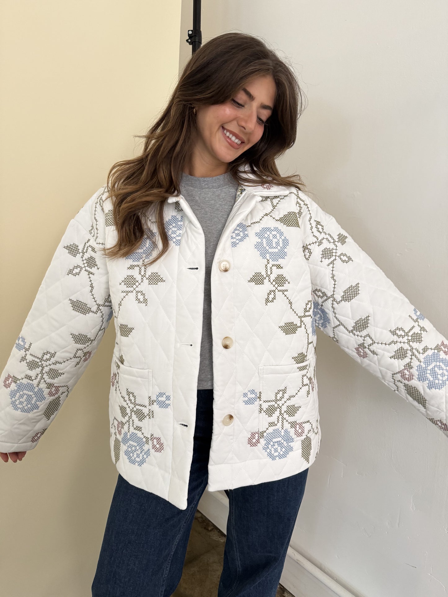 Lucy White Embroidered Quilted Jacket