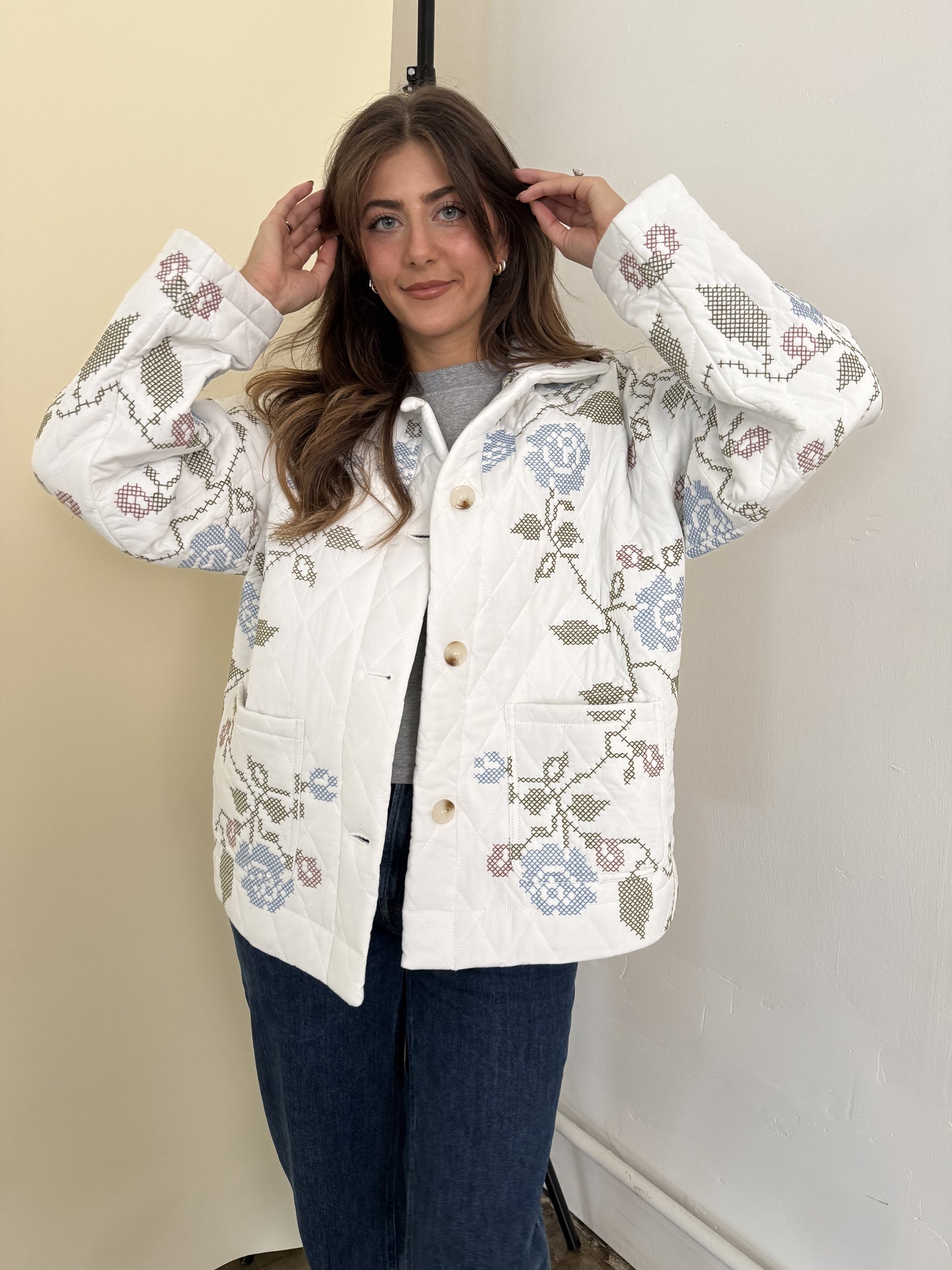 Lucy White Embroidered Quilted Jacket