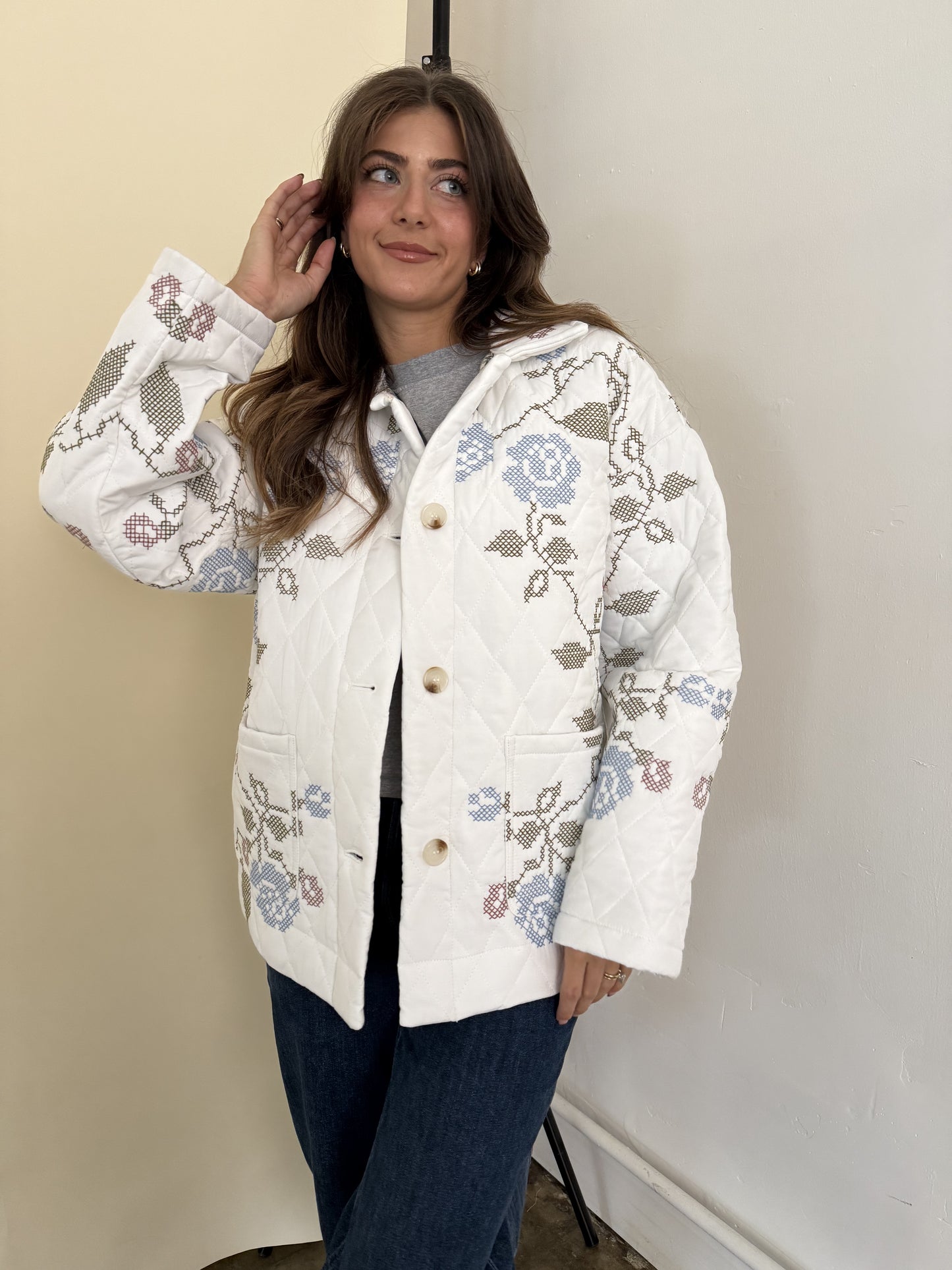 Lucy White Embroidered Quilted Jacket