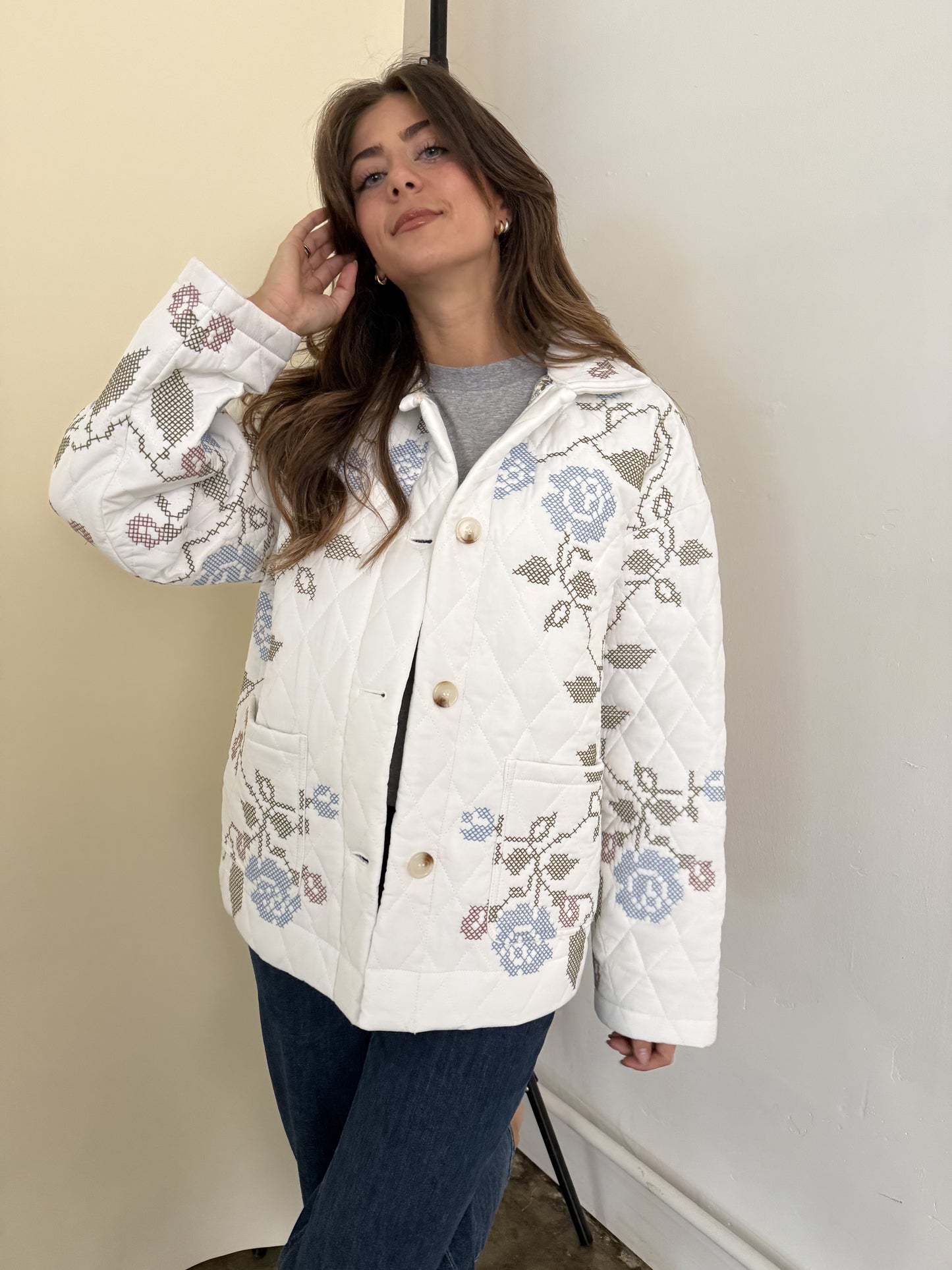 Lucy White Embroidered Quilted Jacket