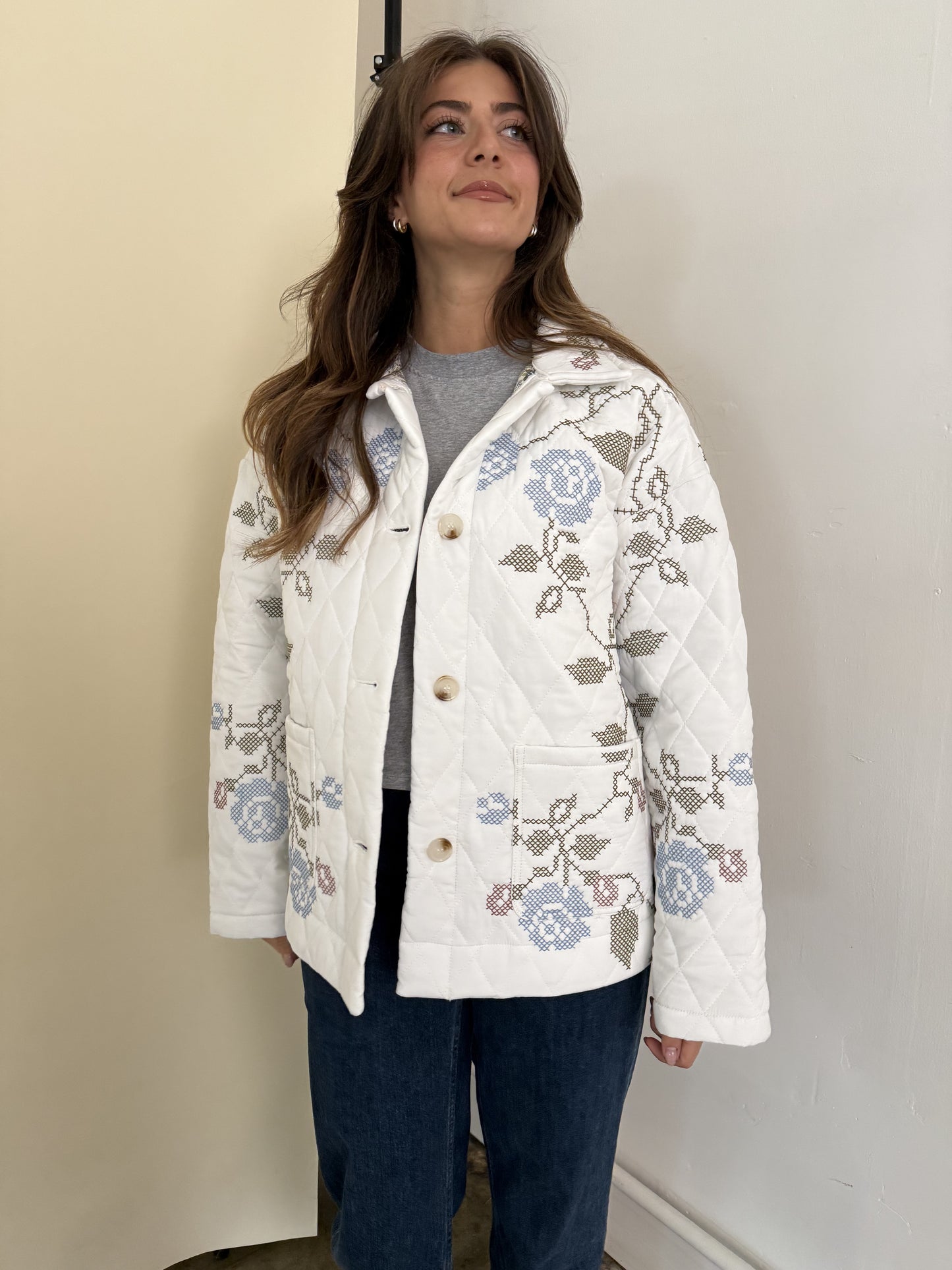 Lucy White Embroidered Quilted Jacket
