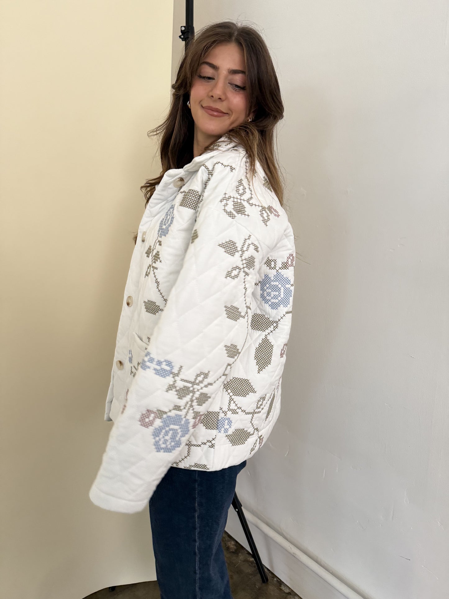 Lucy White Embroidered Quilted Jacket