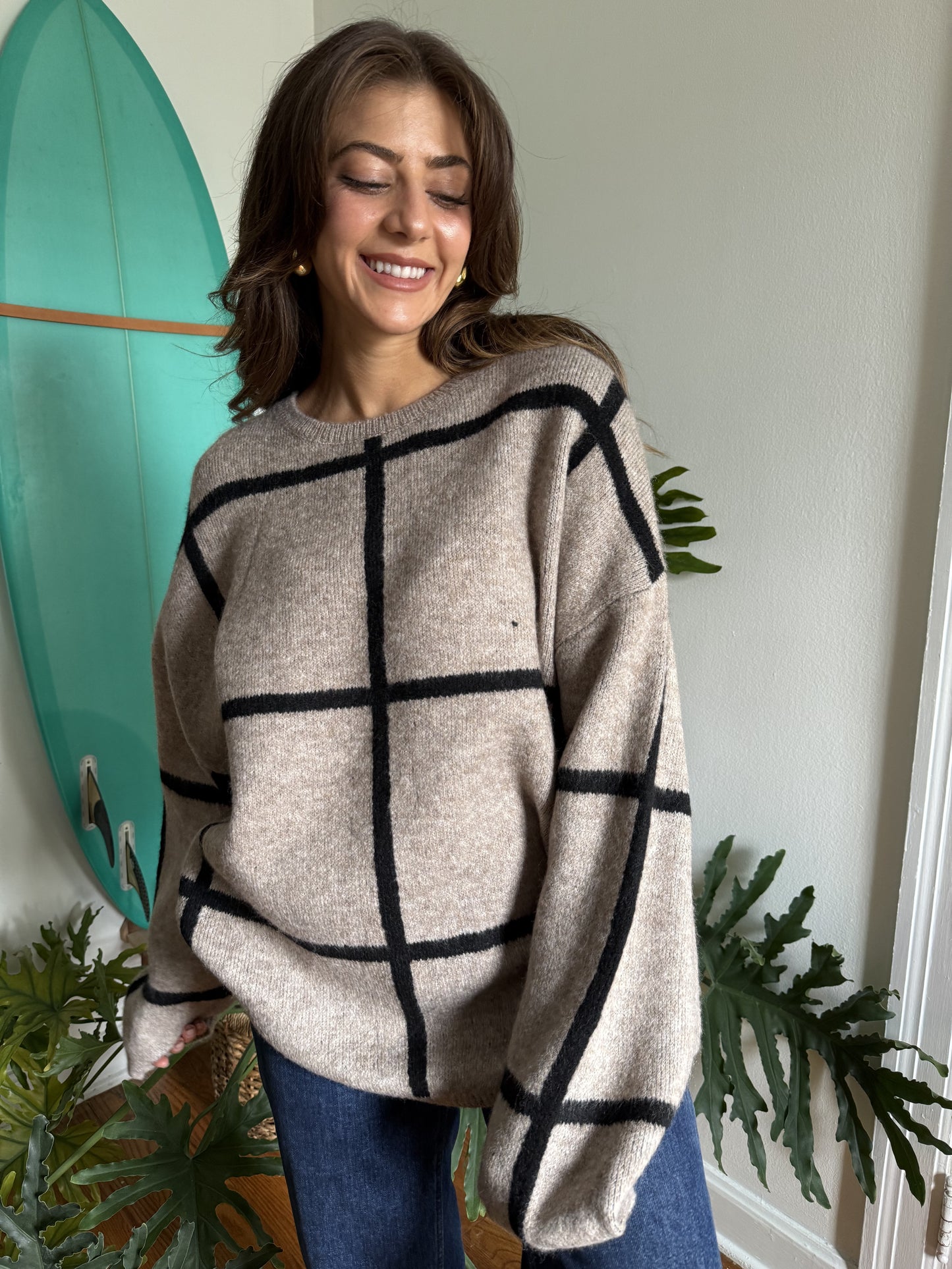 Lilah Taupe Grid Patterned Knit Pullover Sweater (S)