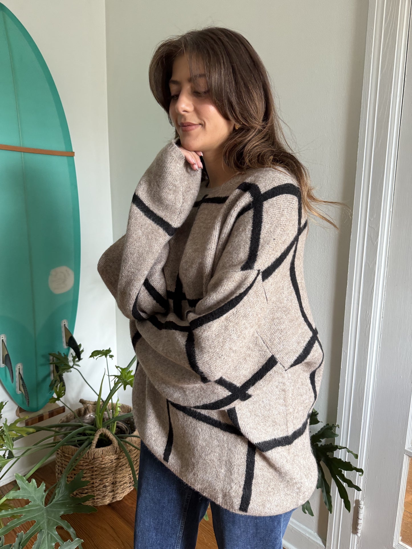Lilah Taupe Grid Patterned Knit Pullover Sweater (S)