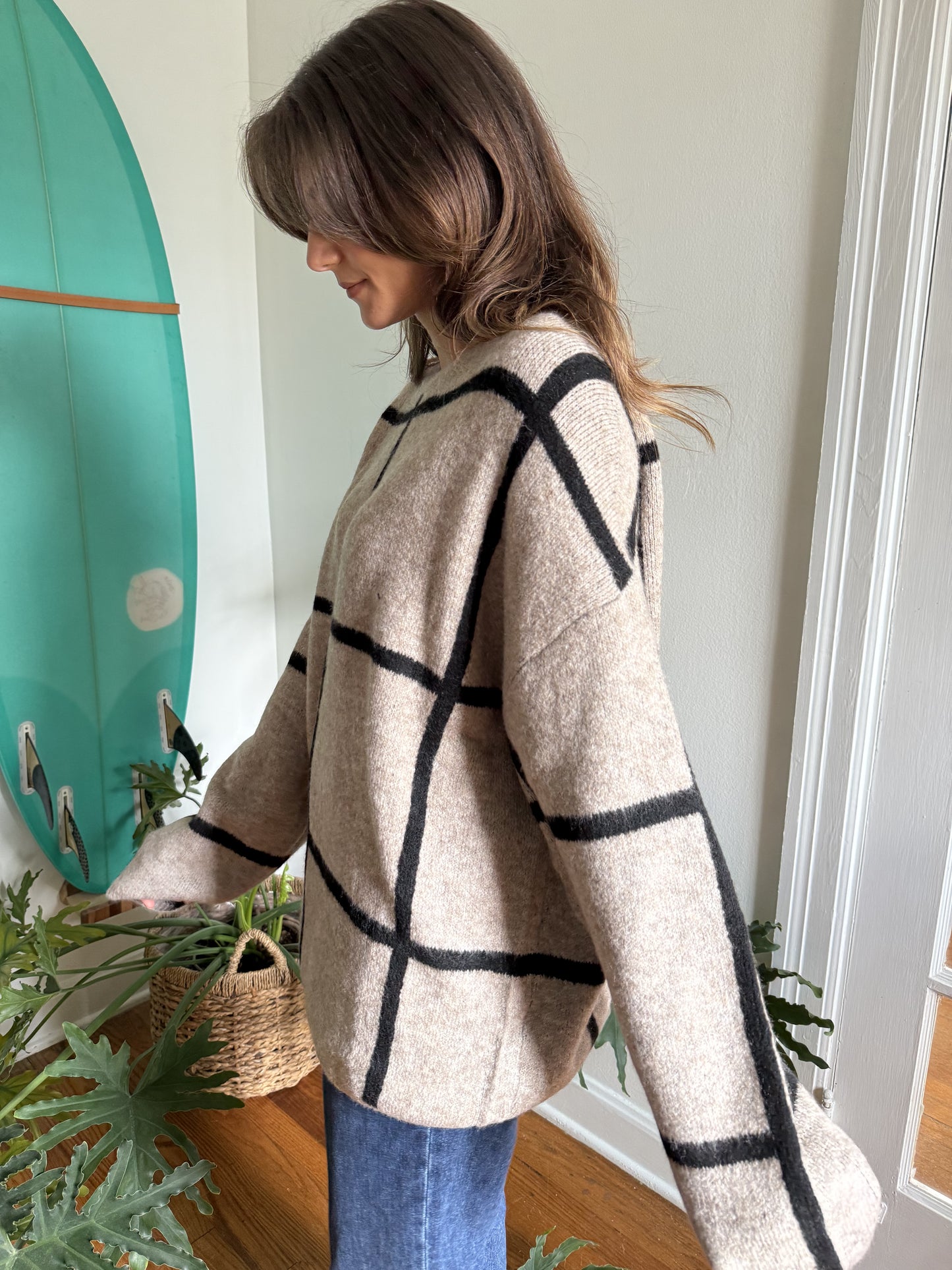 Lilah Taupe Grid Patterned Knit Pullover Sweater (S)