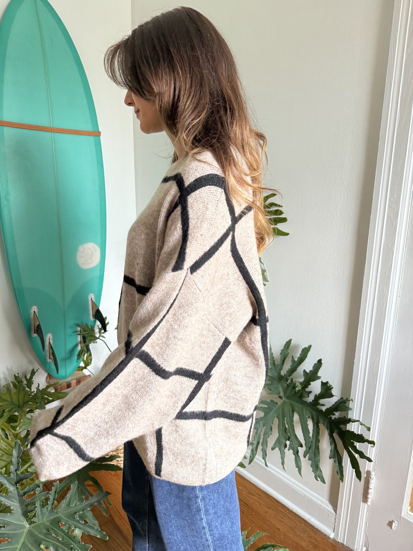 Lilah Taupe Grid Patterned Knit Pullover Sweater (S)