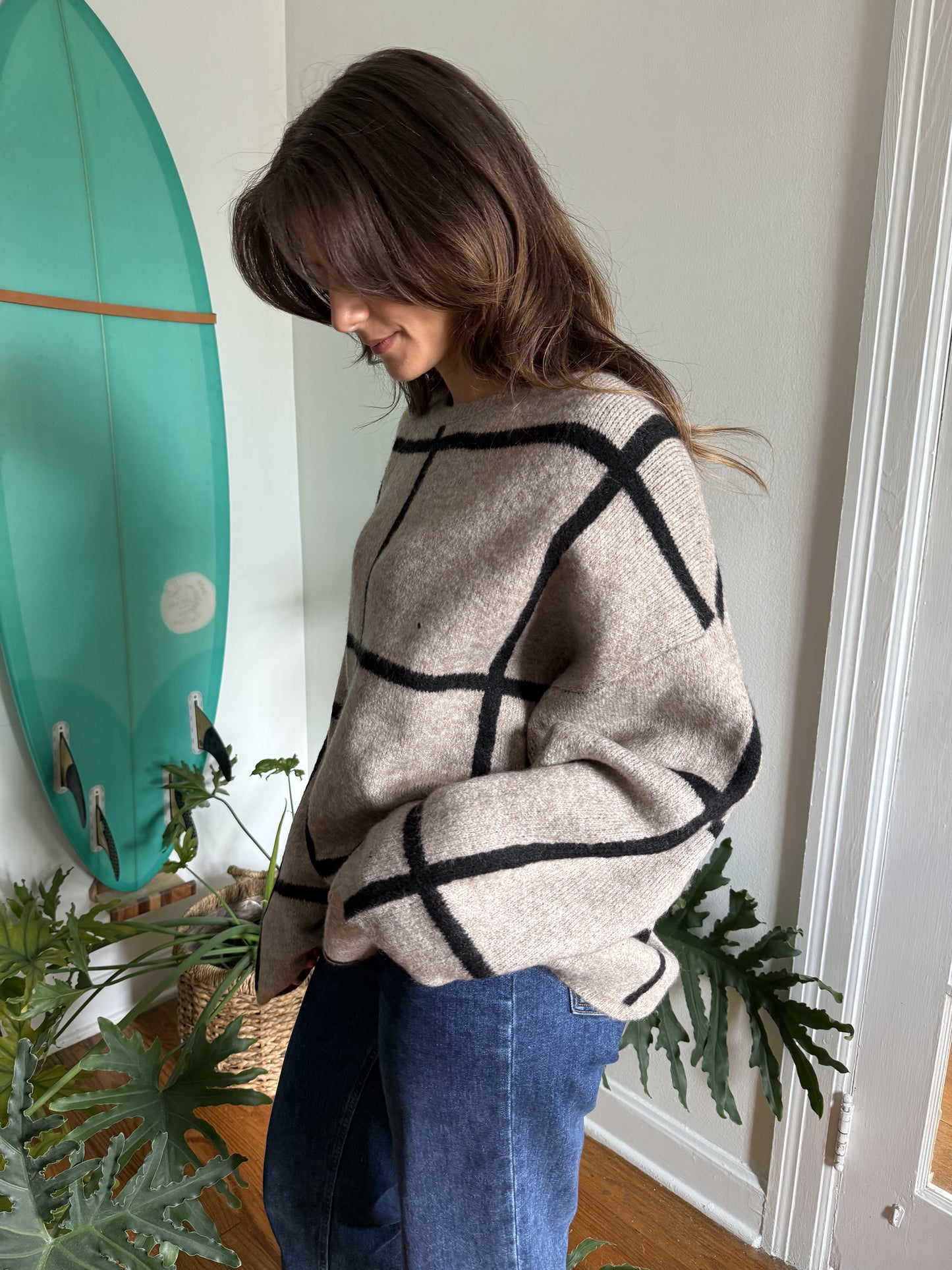 Lilah Taupe Grid Patterned Knit Pullover Sweater (S)