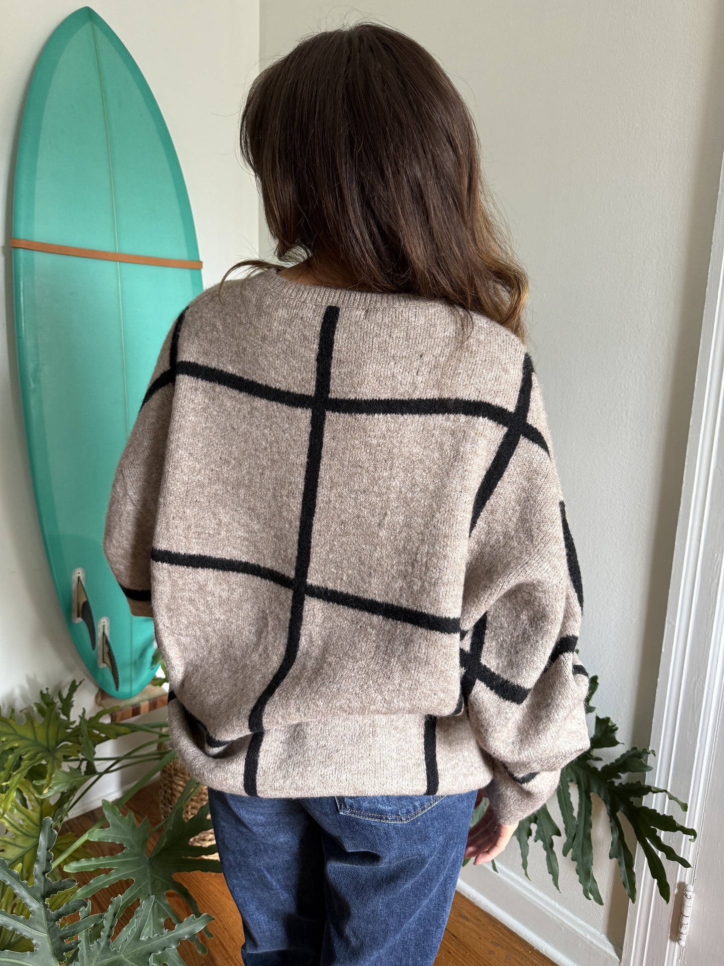 Lilah Taupe Grid Patterned Knit Pullover Sweater (S)