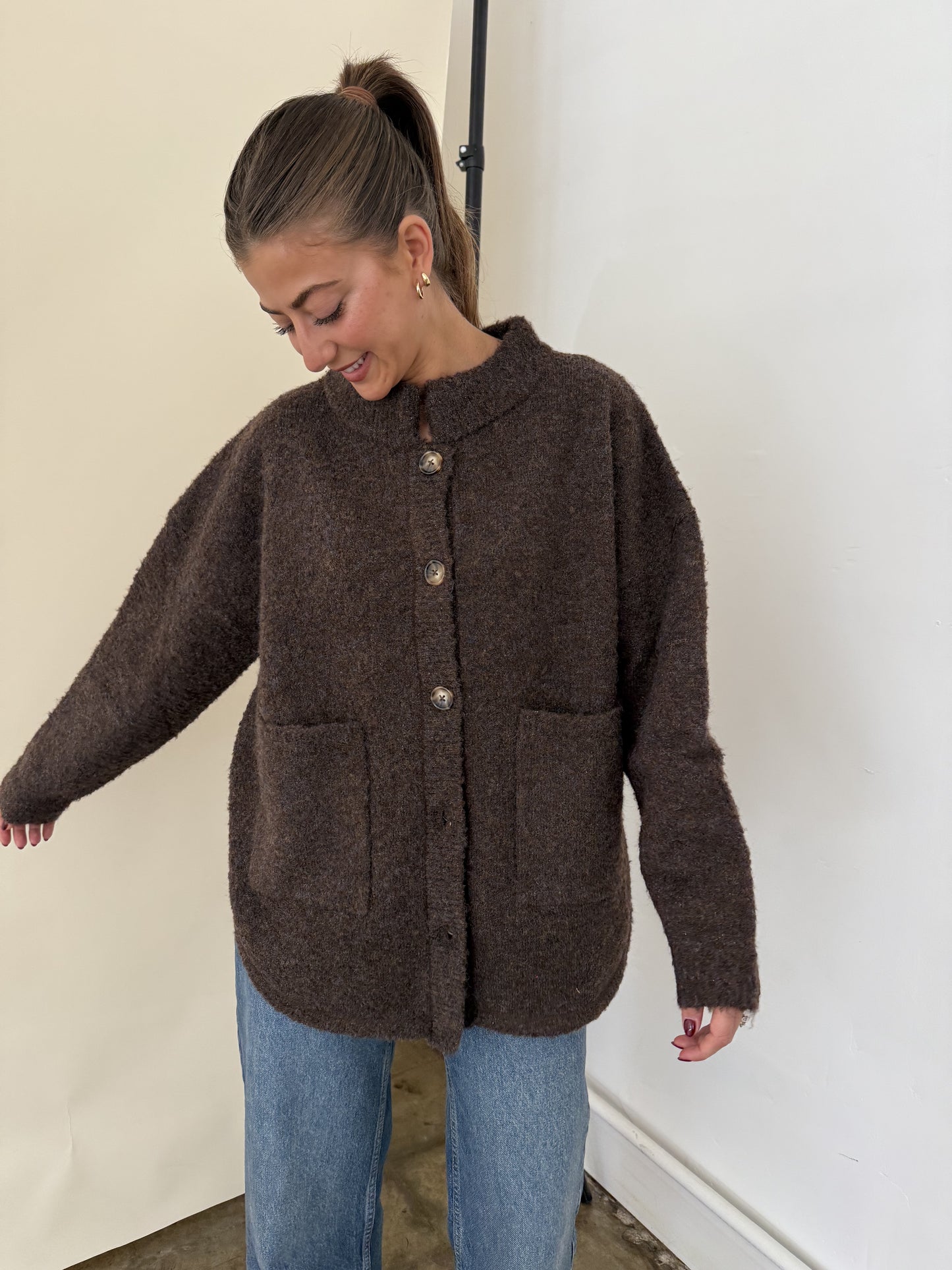 Madison Brown Fuzzy Knit Buttoned Cardigan Jacket