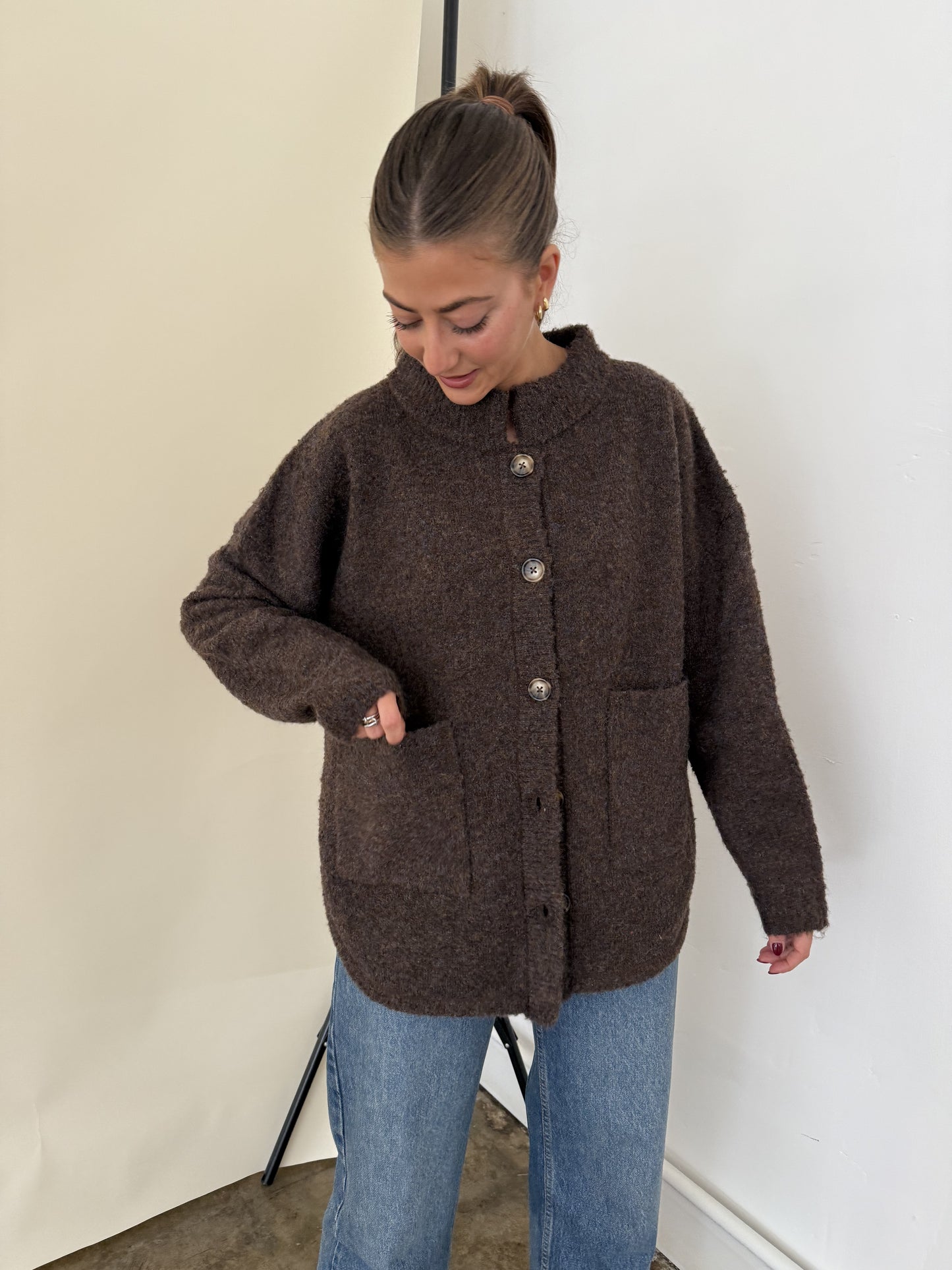 Madison Brown Fuzzy Knit Buttoned Cardigan Jacket