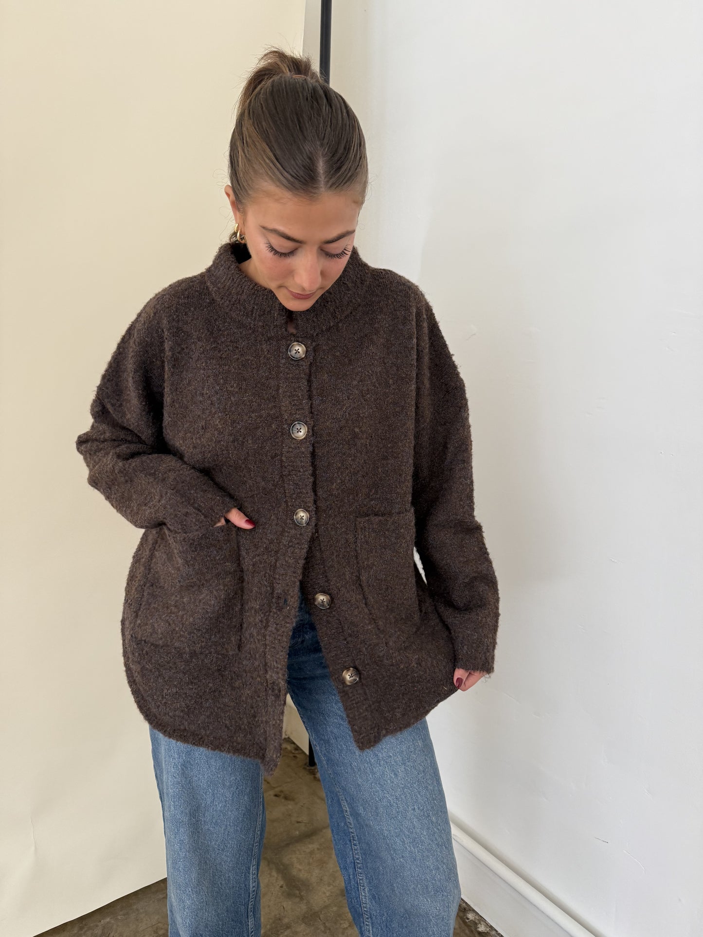 Madison Brown Fuzzy Knit Buttoned Cardigan Jacket