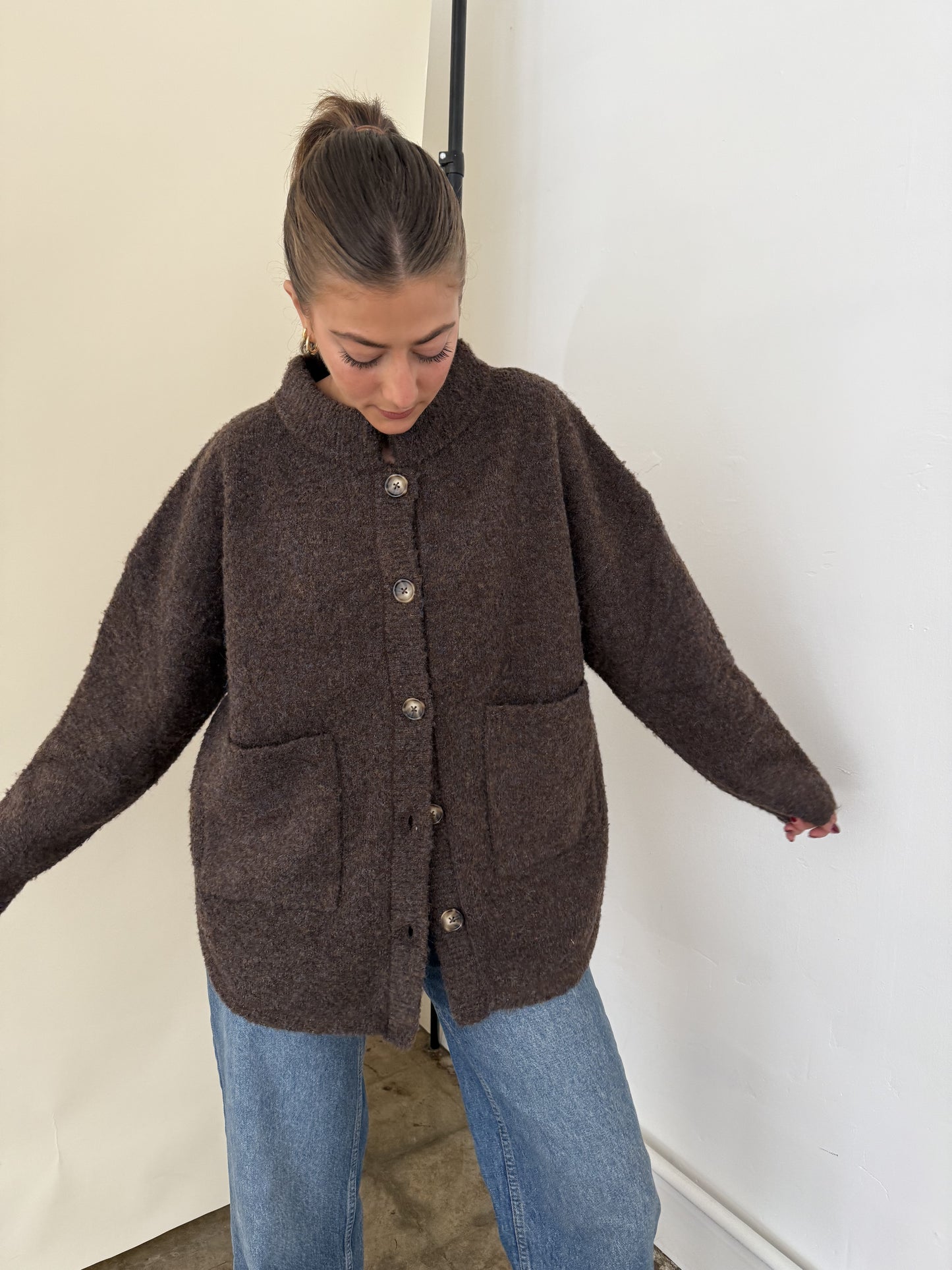 Madison Brown Fuzzy Knit Buttoned Cardigan Jacket