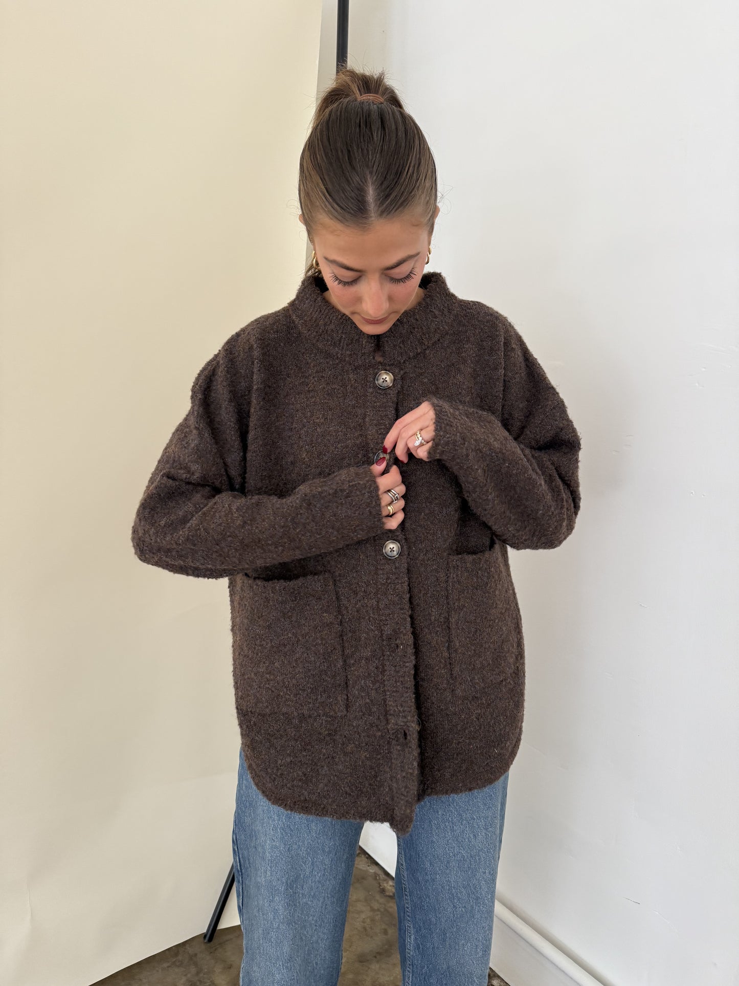 Madison Brown Fuzzy Knit Buttoned Cardigan Jacket
