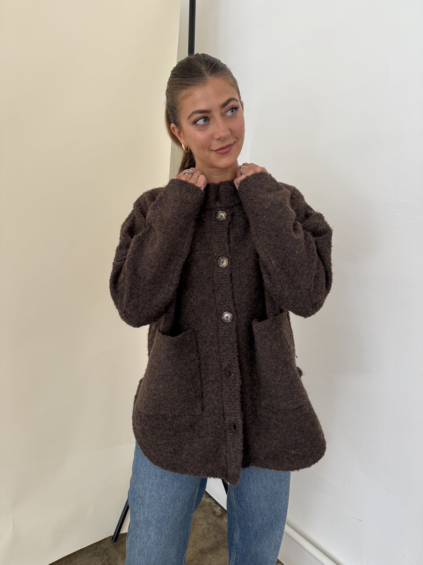 Madison Brown Fuzzy Knit Buttoned Cardigan Jacket