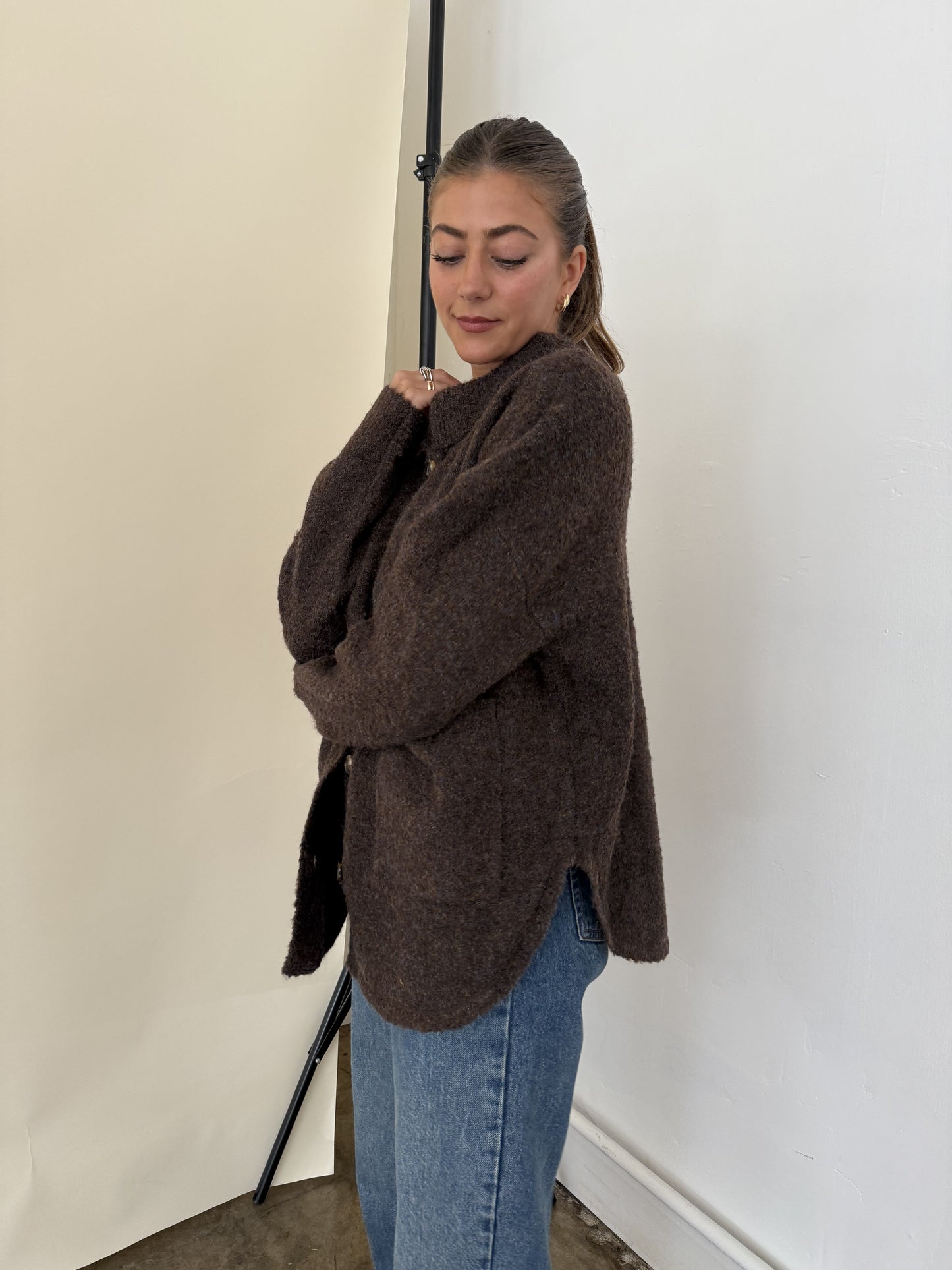 Madison Brown Fuzzy Knit Buttoned Cardigan Jacket