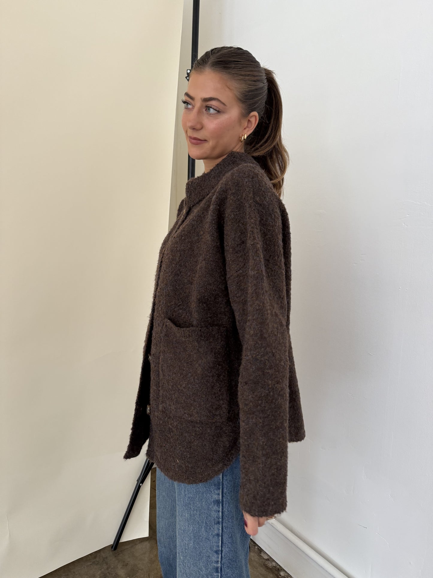 Madison Brown Fuzzy Knit Buttoned Cardigan Jacket