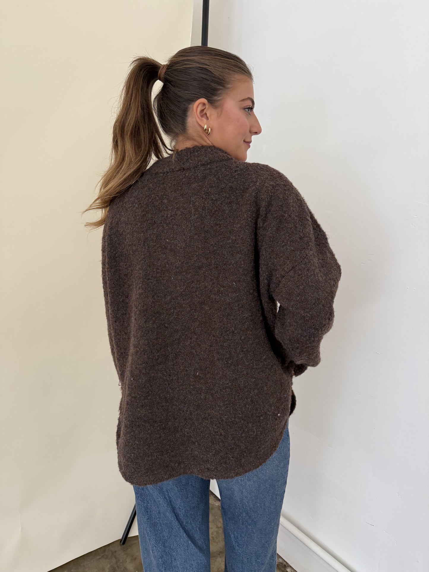Madison Brown Fuzzy Knit Buttoned Cardigan Jacket