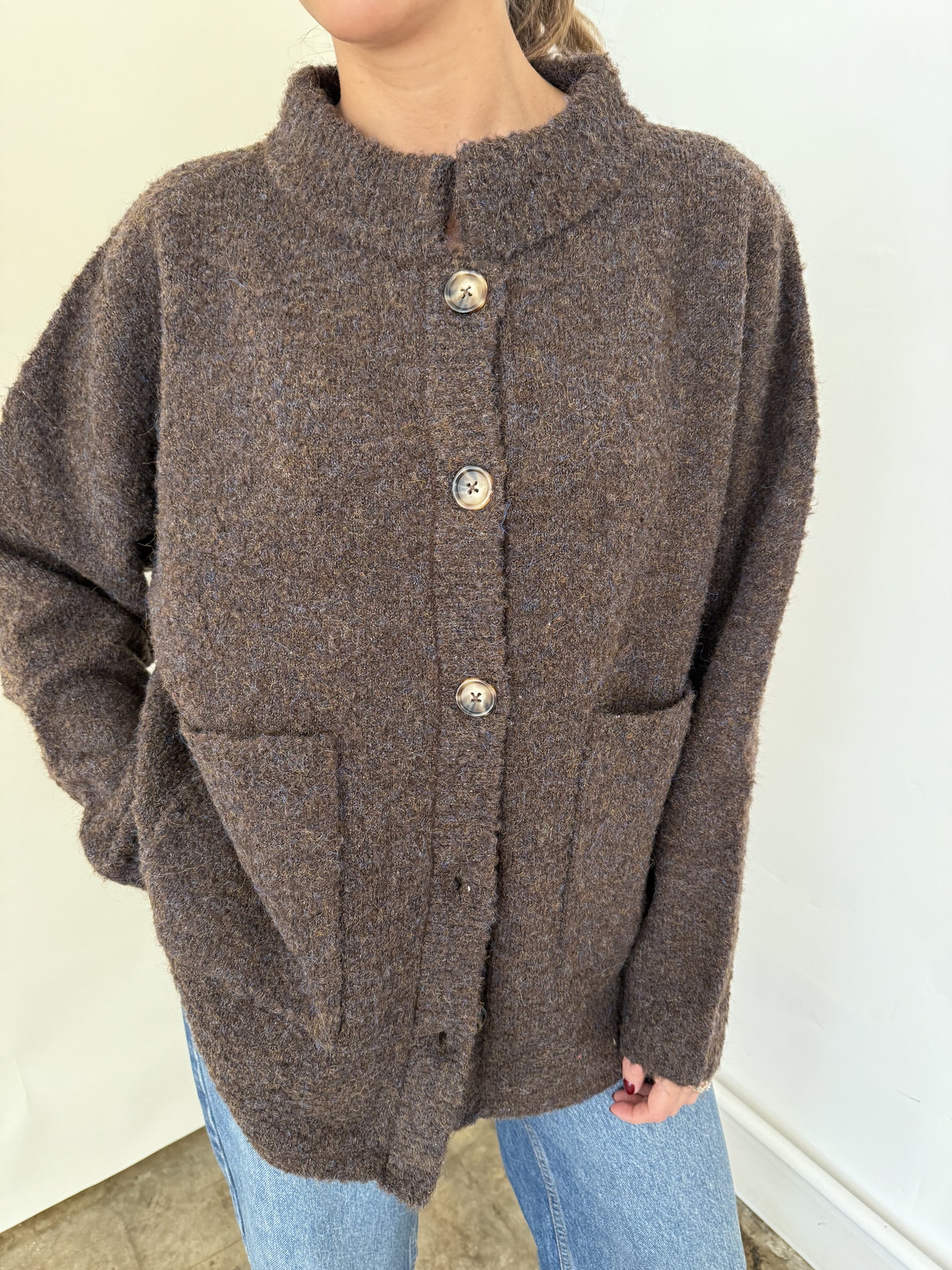 Madison Brown Fuzzy Knit Buttoned Cardigan Jacket