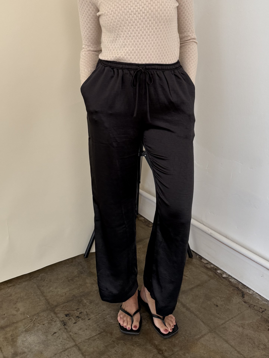 PINCH Mia Black Satin Drawstring Pants (M)