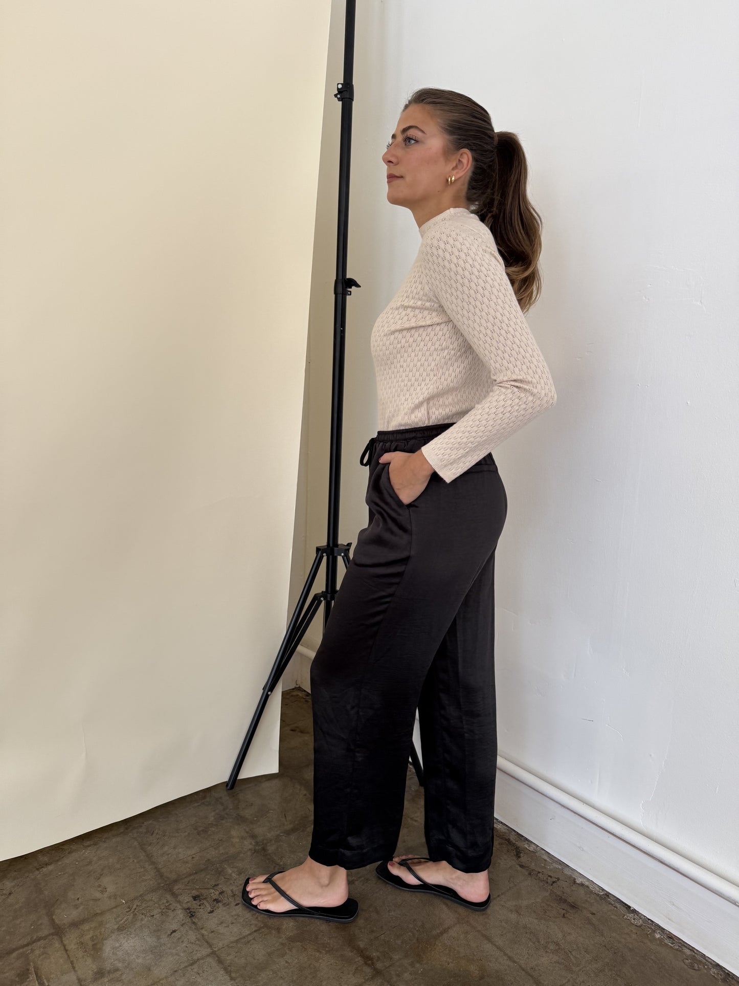 PINCH Mia Black Satin Drawstring Pants (M)