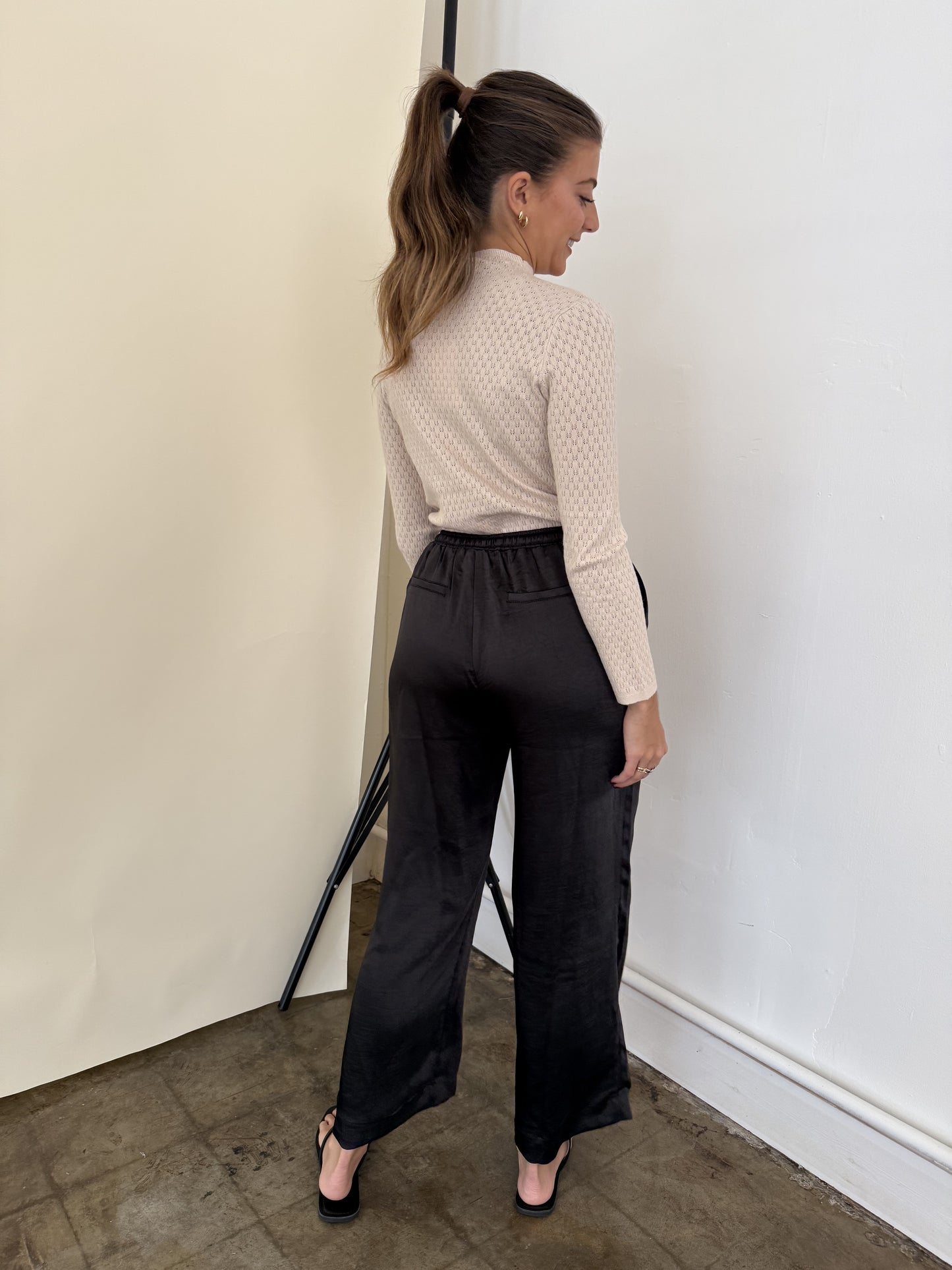 PINCH Mia Black Satin Drawstring Pants (M)