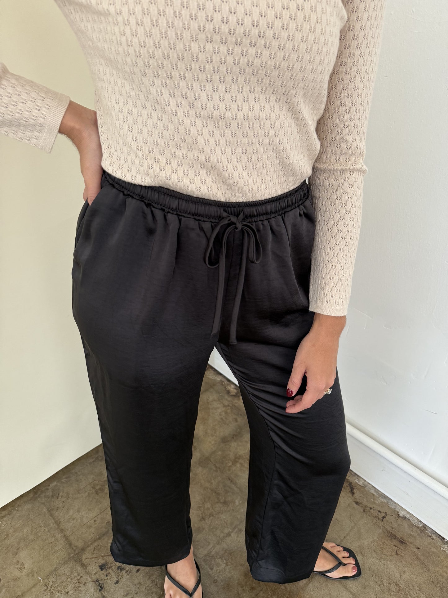 PINCH Mia Black Satin Drawstring Pants (M)