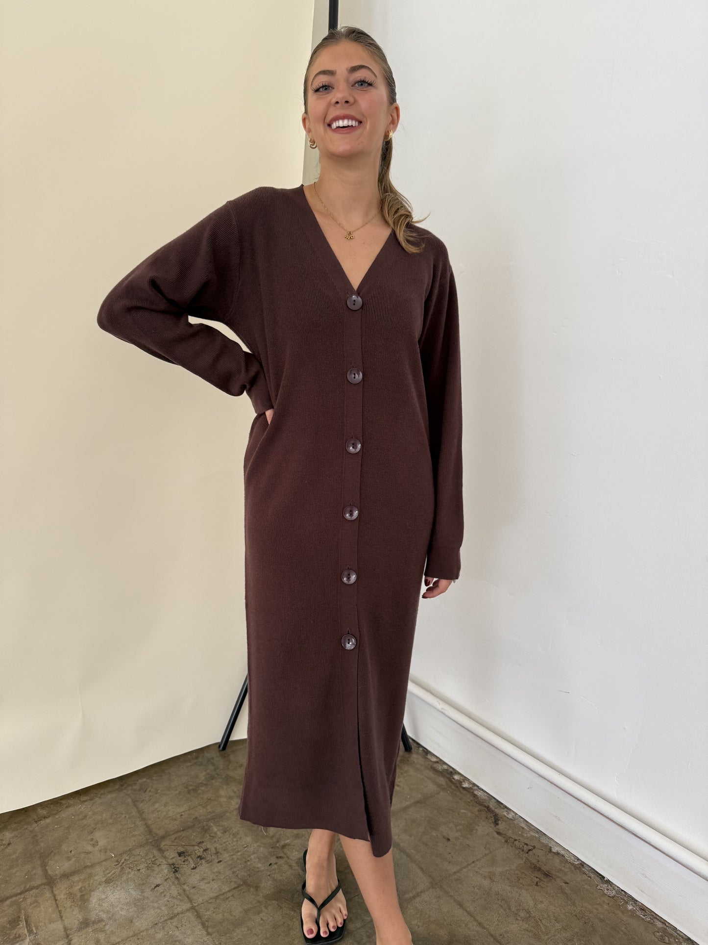 PINCH Mason Chocolate Knit Long Sleeve Midi Dress (S)
