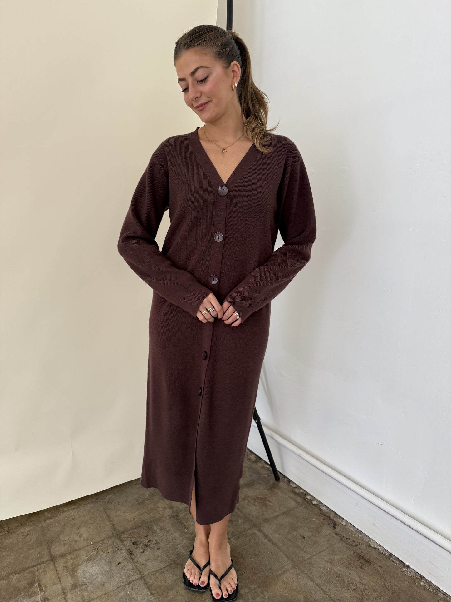 PINCH Mason Chocolate Knit Long Sleeve Midi Dress (S)