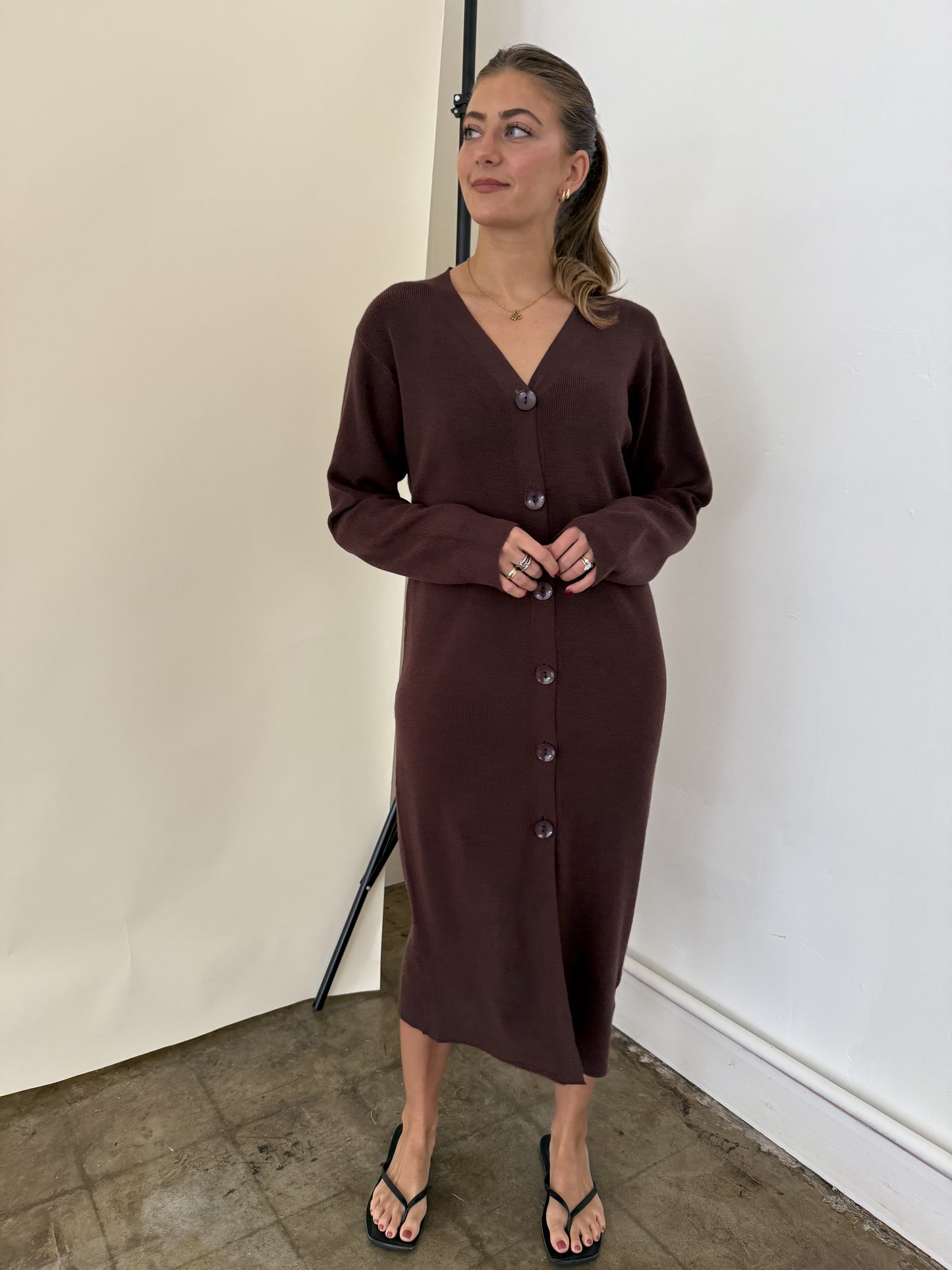 PINCH Mason Chocolate Knit Long Sleeve Midi Dress (S)