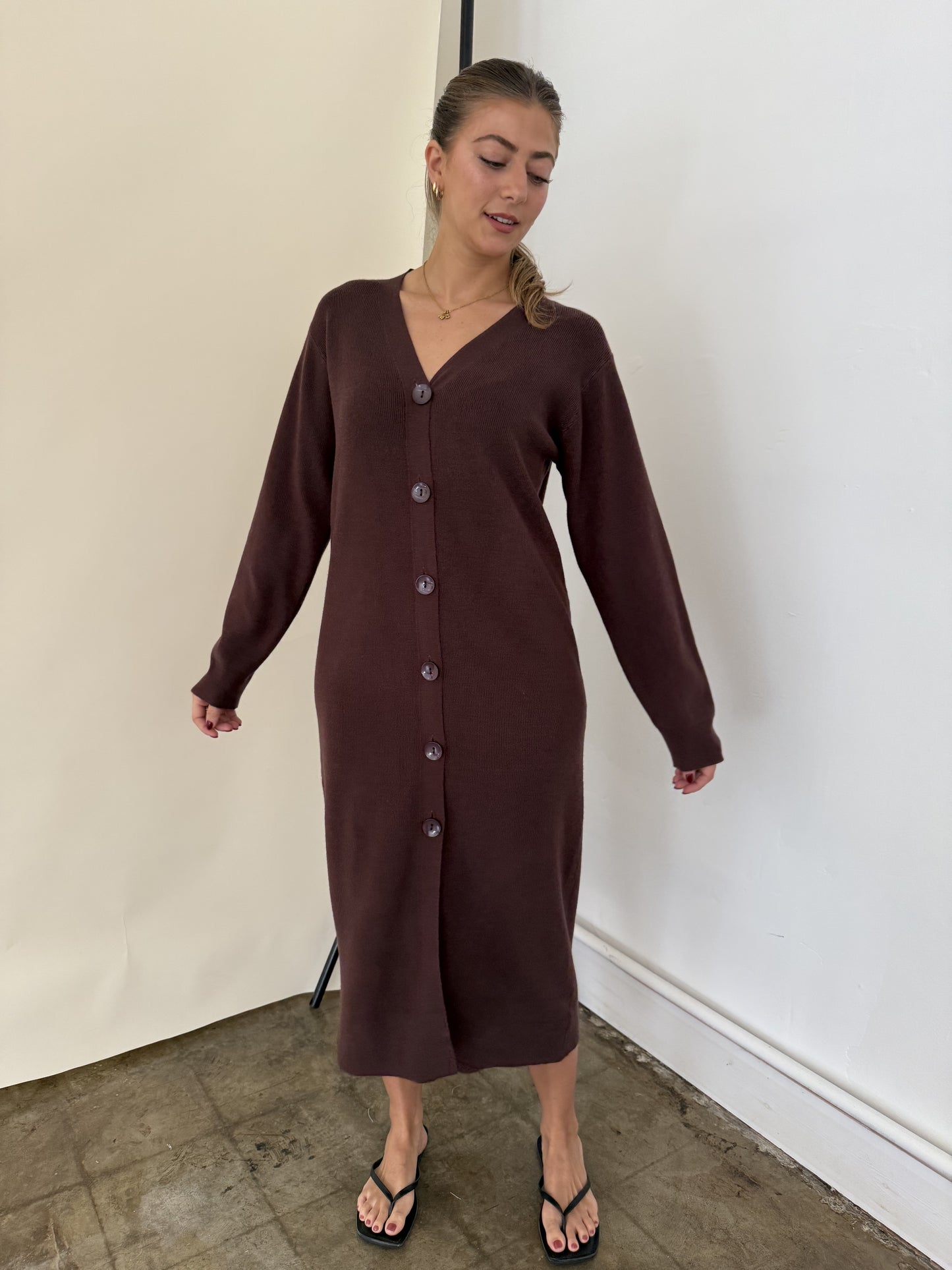 PINCH Mason Chocolate Knit Long Sleeve Midi Dress (S)