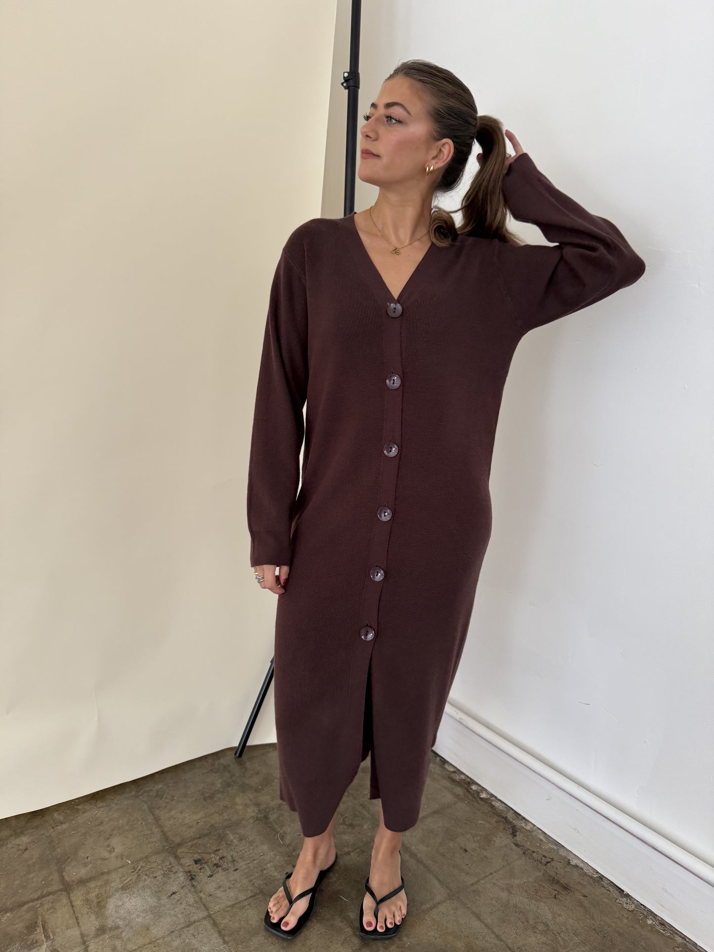PINCH Mason Chocolate Knit Long Sleeve Midi Dress (S)