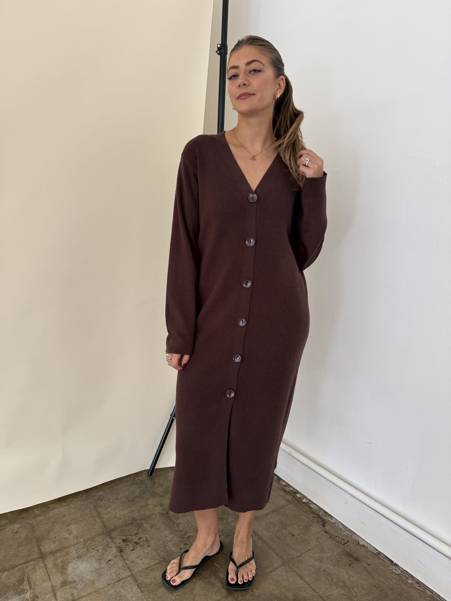PINCH Mason Chocolate Knit Long Sleeve Midi Dress (S)