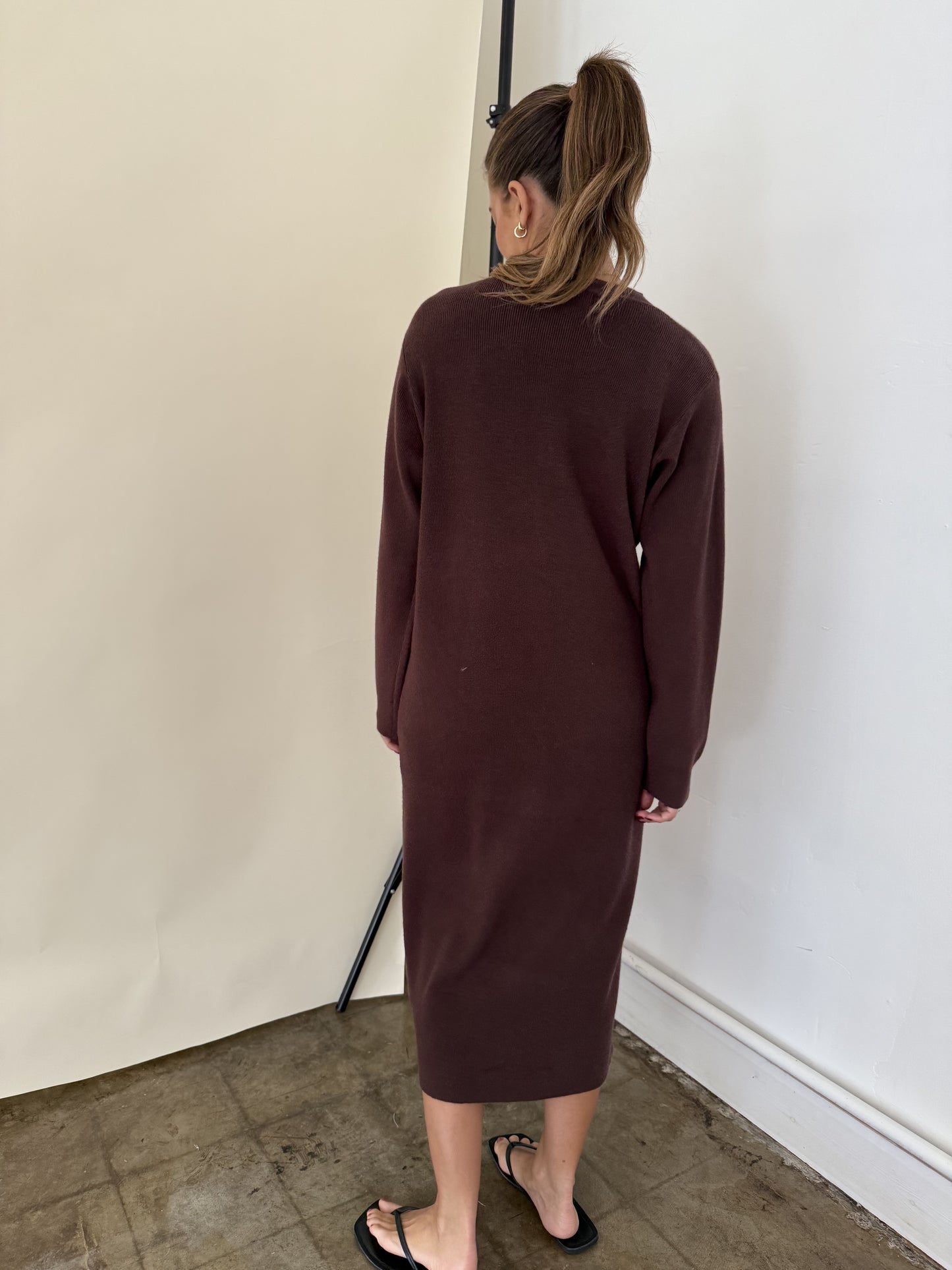 PINCH Mason Chocolate Knit Long Sleeve Midi Dress (S)