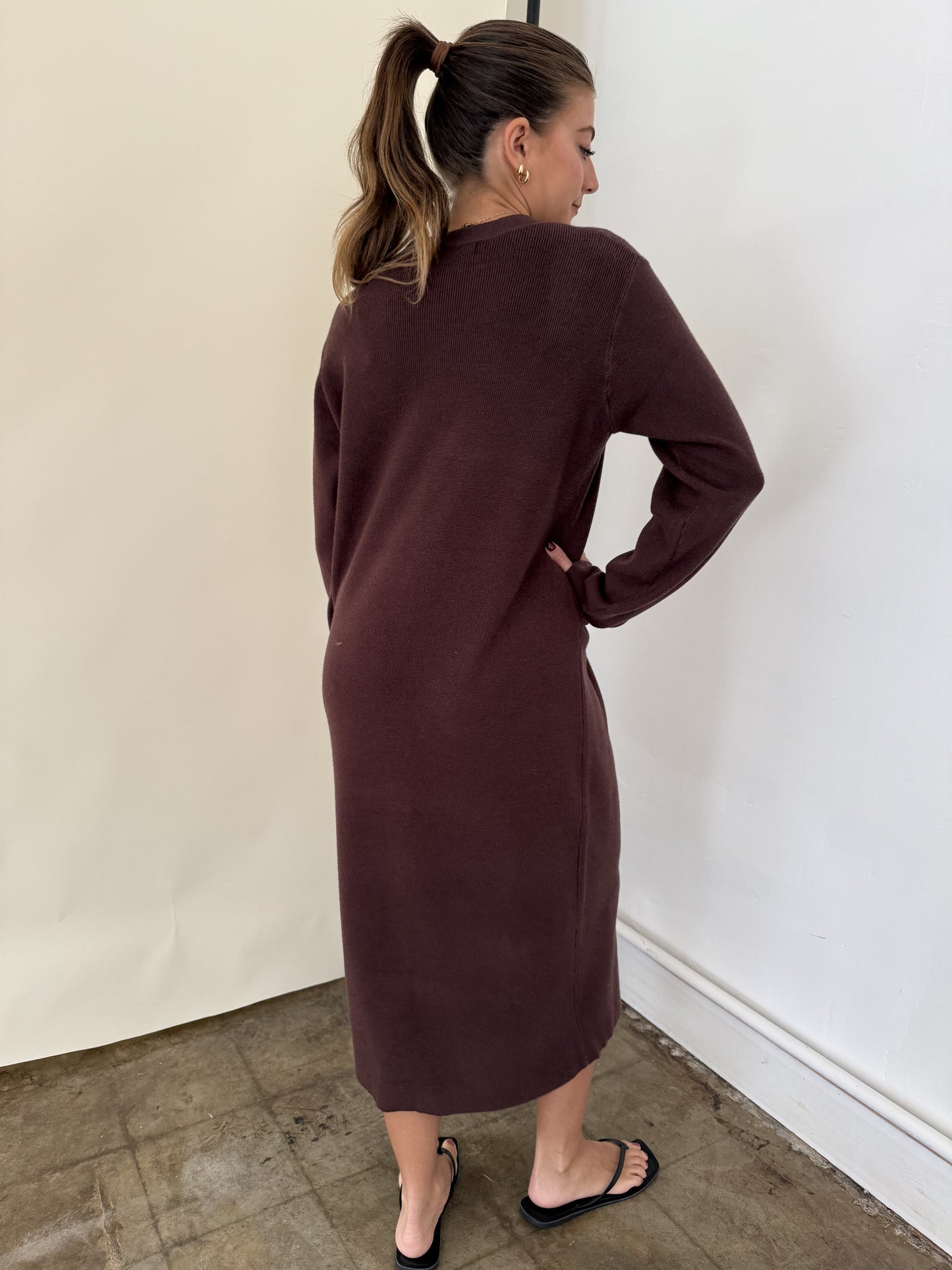 PINCH Mason Chocolate Knit Long Sleeve Midi Dress (S)