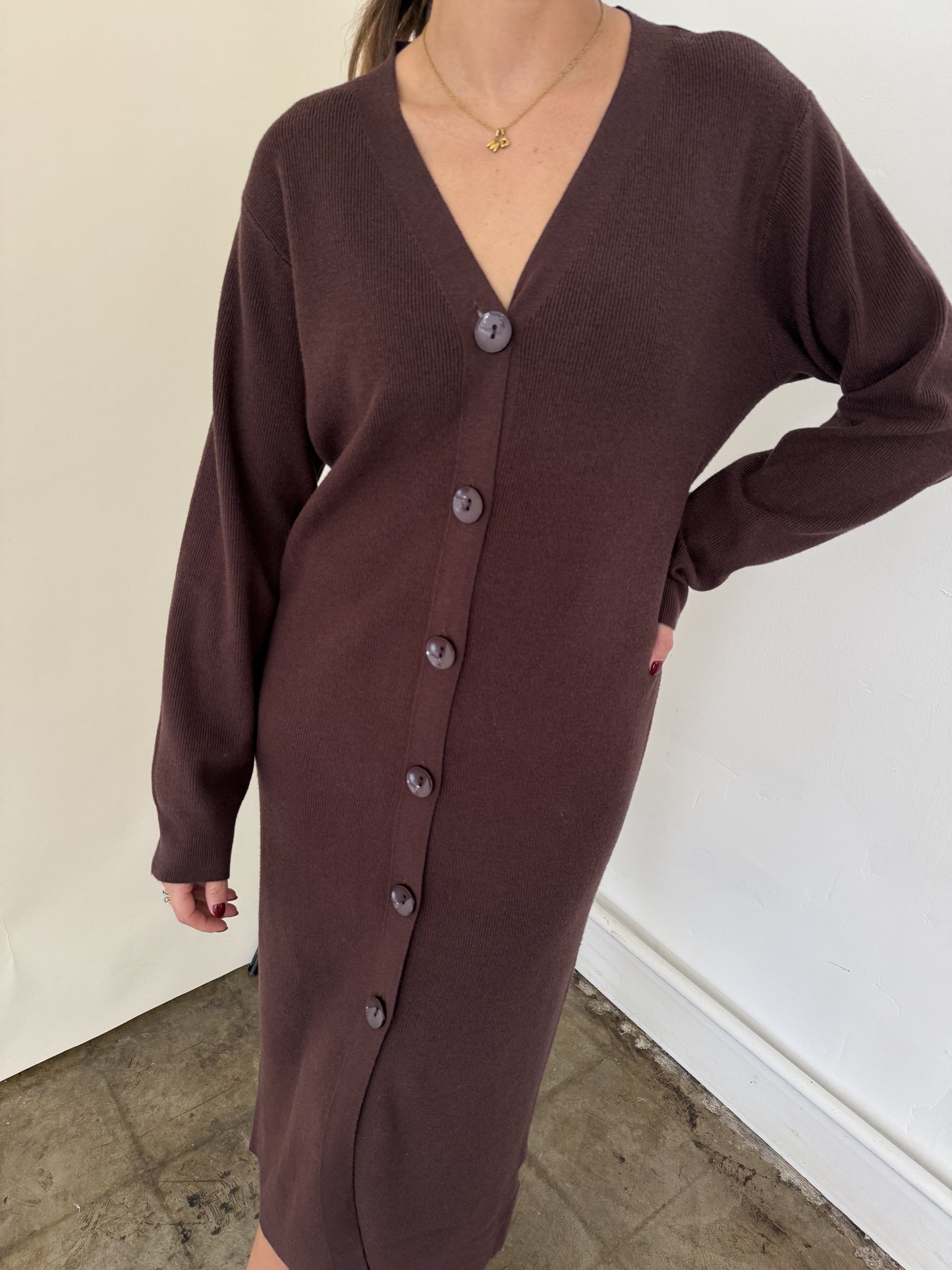 PINCH Mason Chocolate Knit Long Sleeve Midi Dress (S)