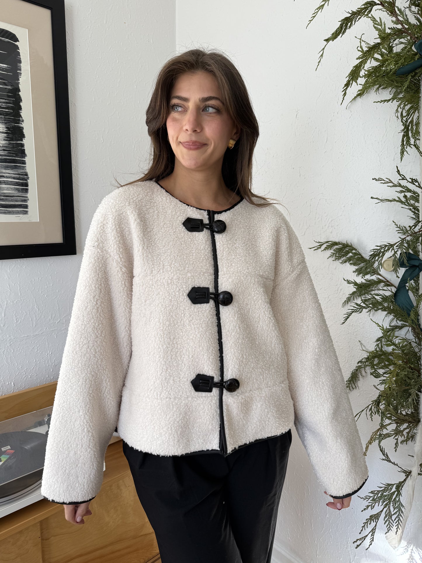 Holly Ivory Sherpa Button Loop Coat Jacket (L)