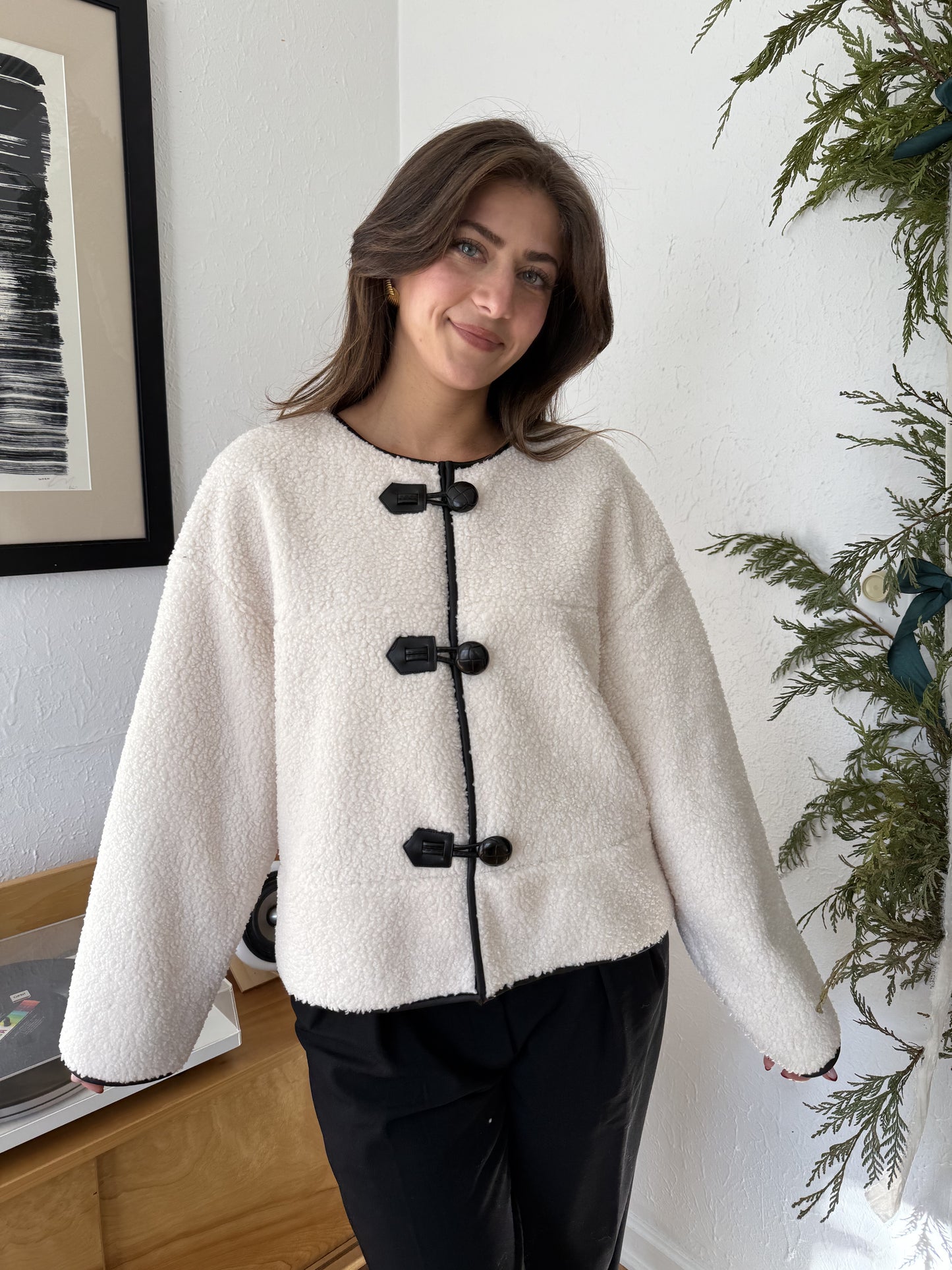 Holly Ivory Sherpa Button Loop Coat Jacket (L)